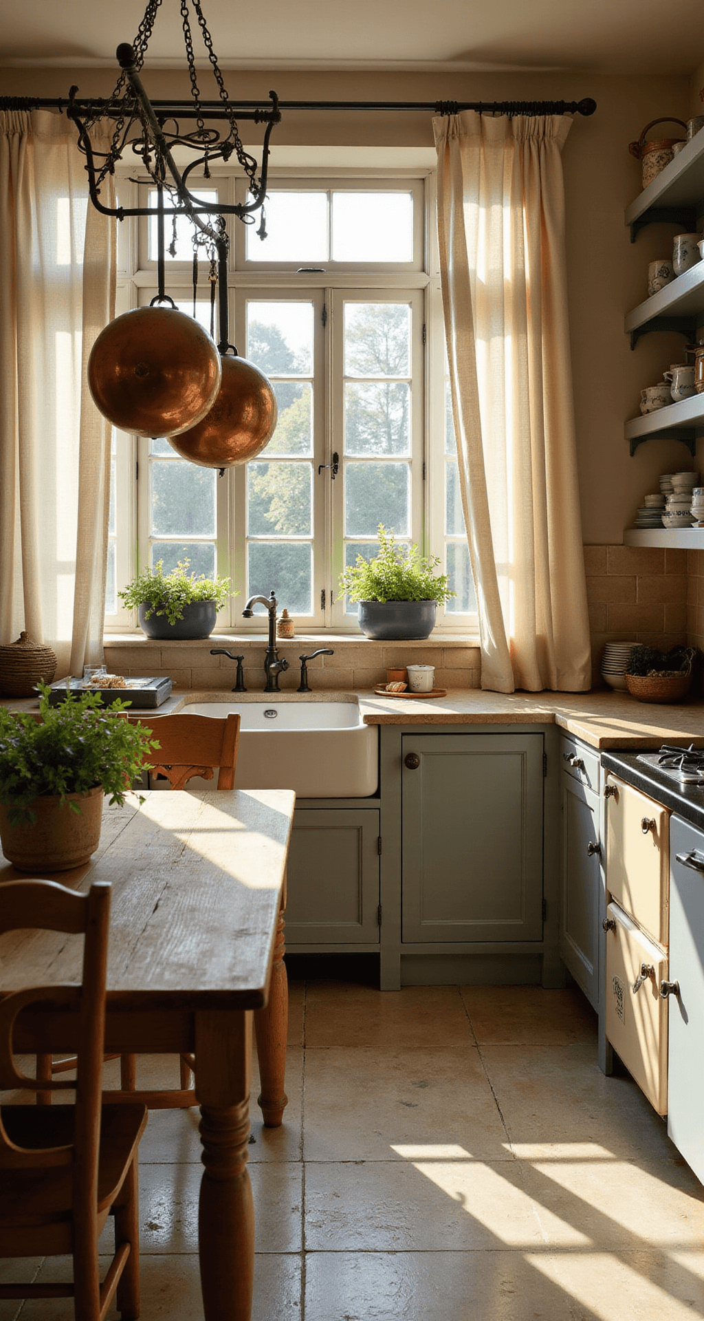 A sunlit French cottage kitchen with a weathered oak farmhouse table, vintage copper pots hanging above a cream AGA range, and open shelving showcasing muted blue and white ceramics, all captured from a low corner angle at golden hour.