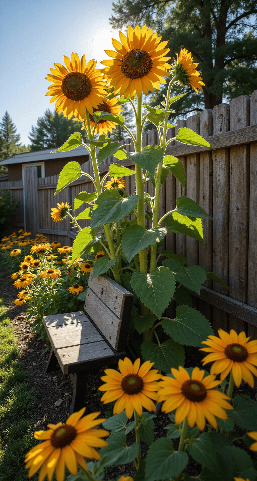 A vibrant garden scene captured at eye level, featuring a 15x20ft wildflower border along a rustic wooden fence. Towering sunflowers at 6ft are surrounded by blooms of varying heights, creating a colorful display with strong backlighting illuminating the petals. A garden bench is nestled among the flowers, serving as a focal point, while deep shadows provide dramatic contrast. Honey bees are seen buzzing around the flower heads, enhancing the lively atmosphere.