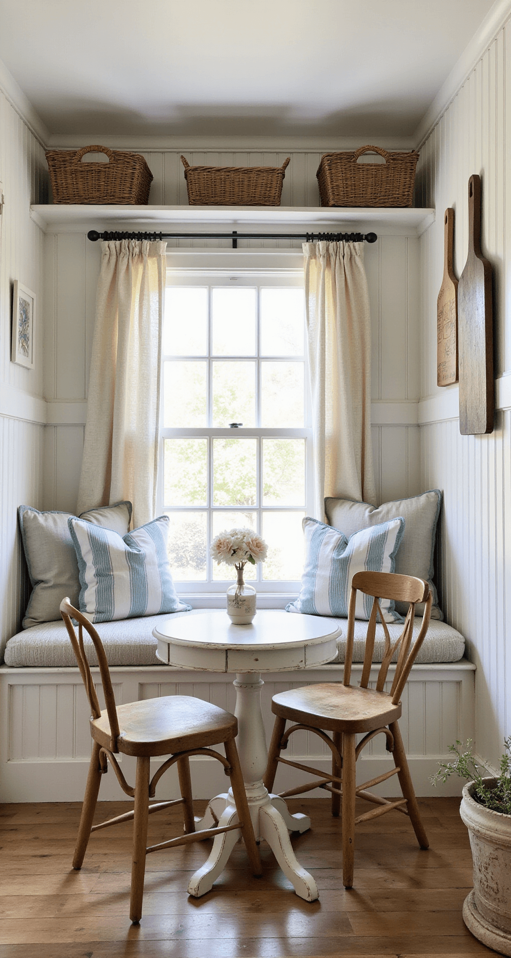 Wide-angle view of a cozy cottage kitchen nook, featuring a built-in window seat with blue striped cushions, a round whitewashed table with mismatched chairs, and woven baskets on shelves, all illuminated by morning light filtering through cafe curtains.