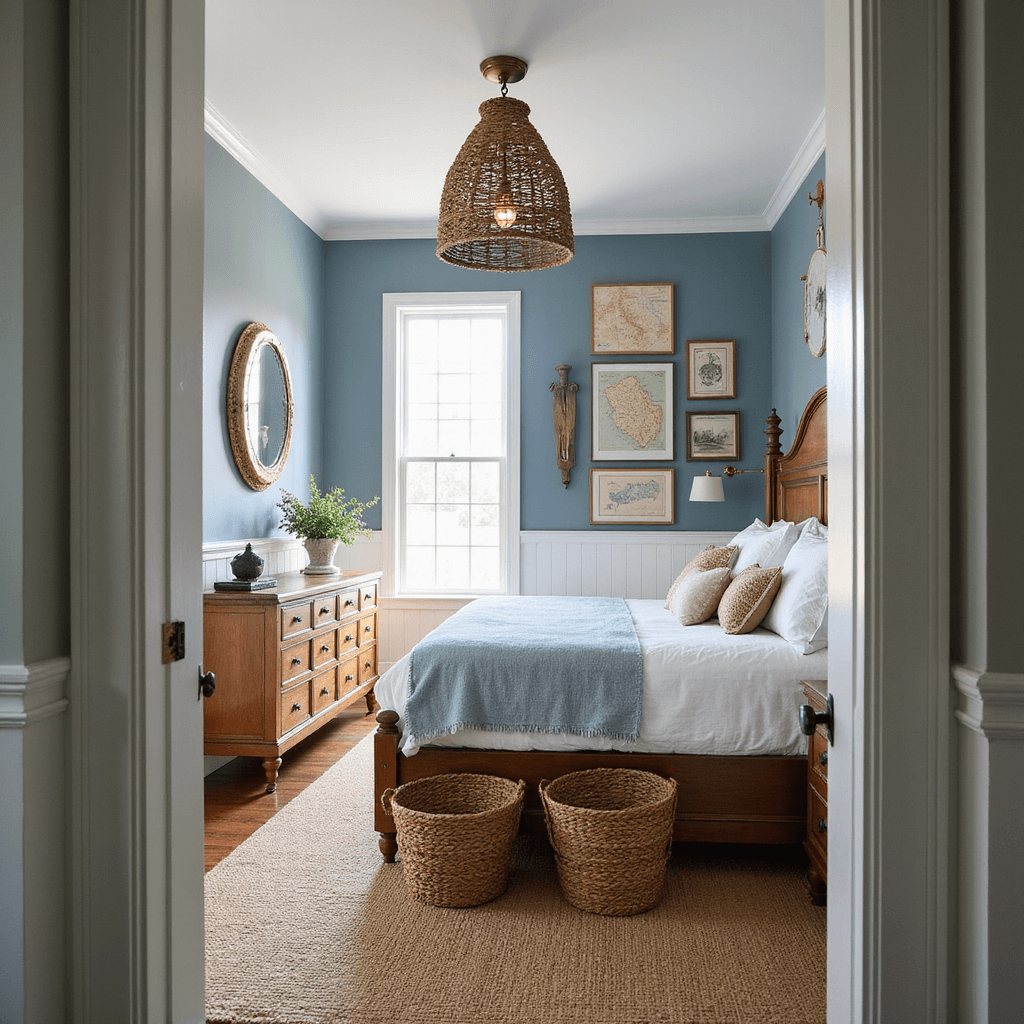 A coastal-inspired bedroom featuring a weathered white shiplap accent wall, ocean blue walls, a vintage brass porthole mirror, a rope-wrapped chandelier, a mahogany captain's bed with hidden storage, a gallery wall of antique maritime maps and brass navigation tools, and a natural jute rug over seagrass basket storage, all captured from doorway height.