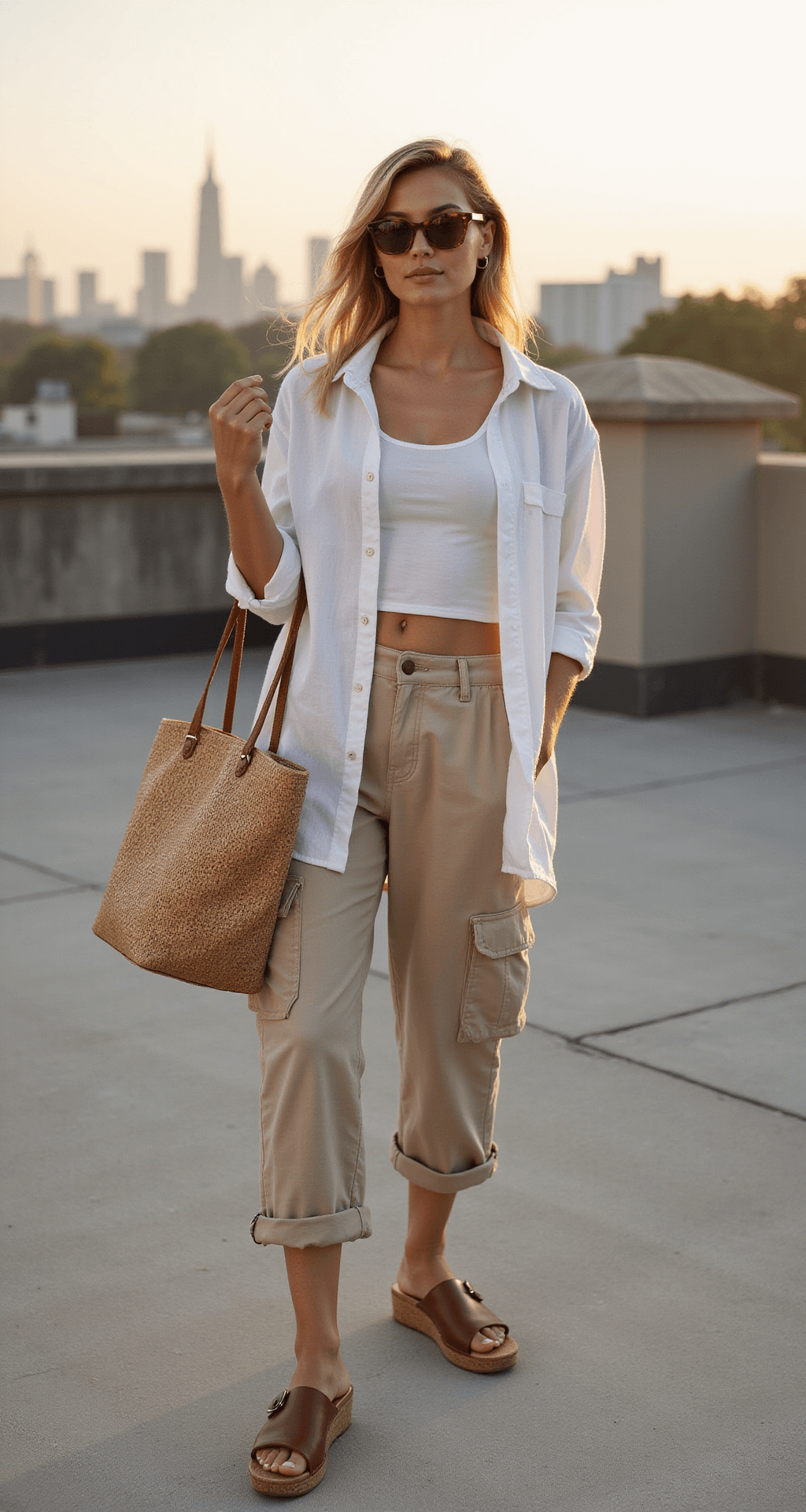 A model in rolled-cuff beige cargo pants and a white cropped linen button-down stands on a summer rooftop during golden hour, with a city skyline in the background. She wears leather platform slides, holds a straw tote, and sports tortoiseshell sunglasses. The gentle wind moves her fabric, adding a sense of natural movement, captured from a slightly below eye level angle.