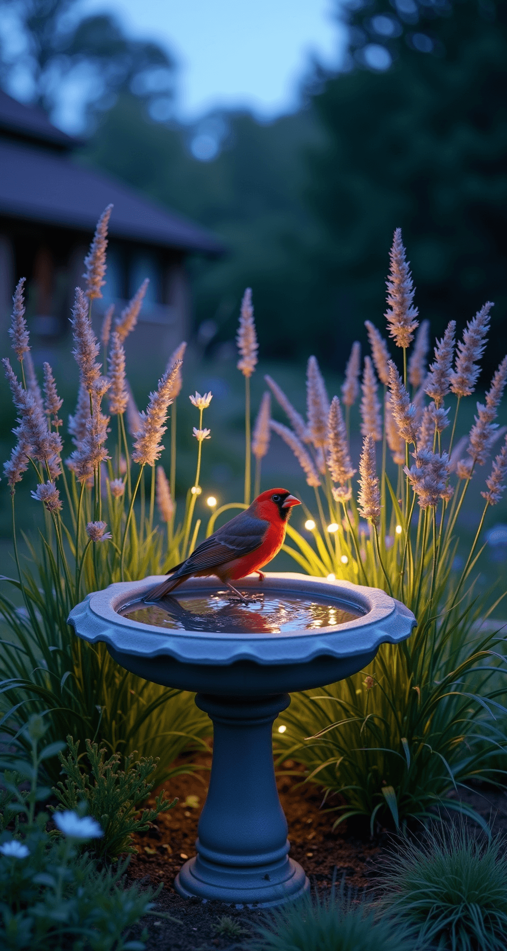 Intimate garden corner at dusk with a bird bath surrounded by mixed native wildflowers in blues, purples, and whites. Solar lights twinkle in the fading light, and a cardinal perches on the rim of the bath. Long exposure captures a dreamy atmosphere with textural elements of seed heads and swaying grass plumes.