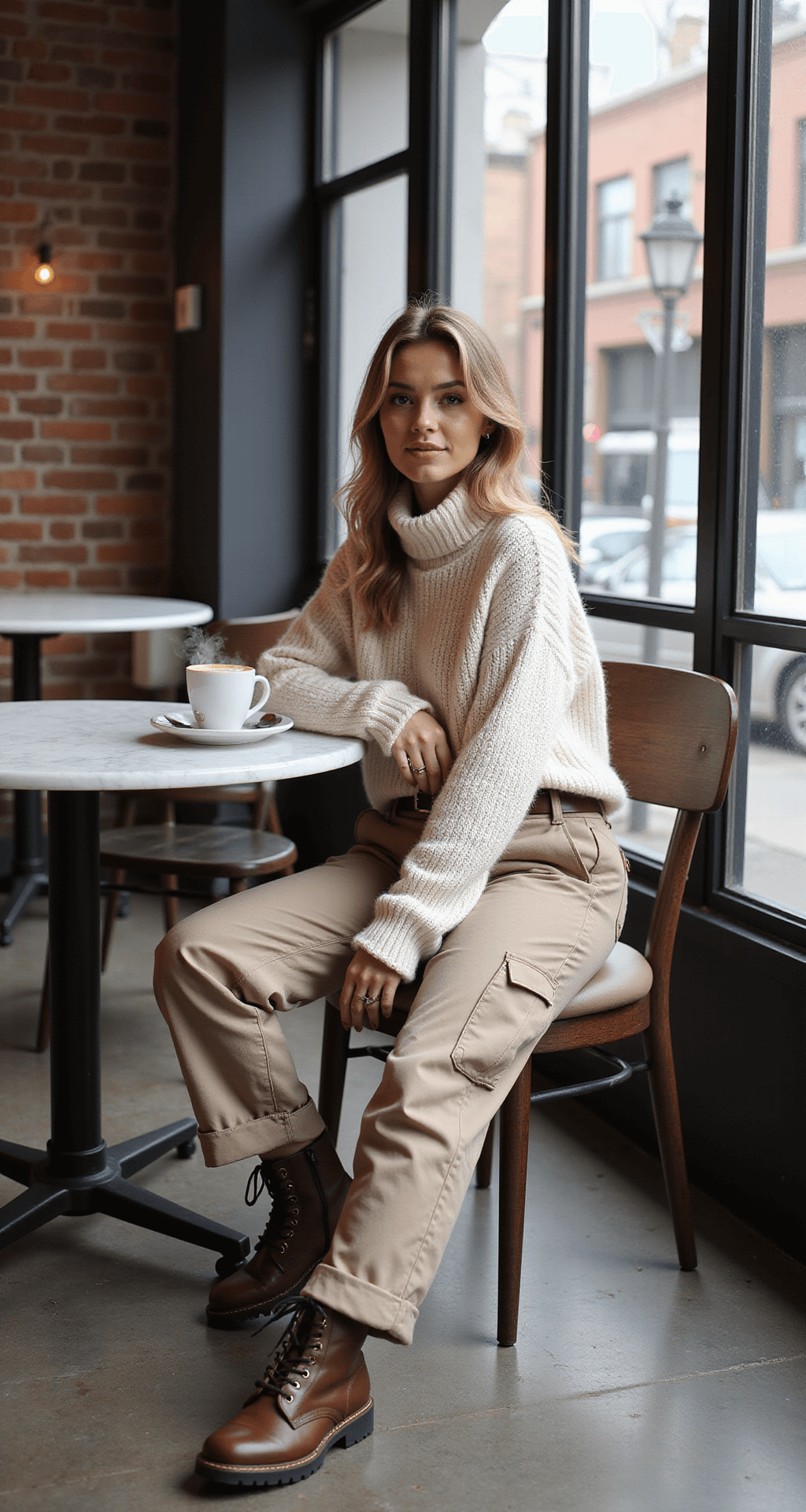 A cozy industrial-chic cafe interior featuring exposed brick walls and large windows. A person sits at a marble table in beige cargo pants, an oversized cream chunky knit sweater, and brown leather combat boots, with a belt cinching their waist. Steam rises from a coffee cup on the table, illuminated by diffused natural light and subtle cafe lighting.
