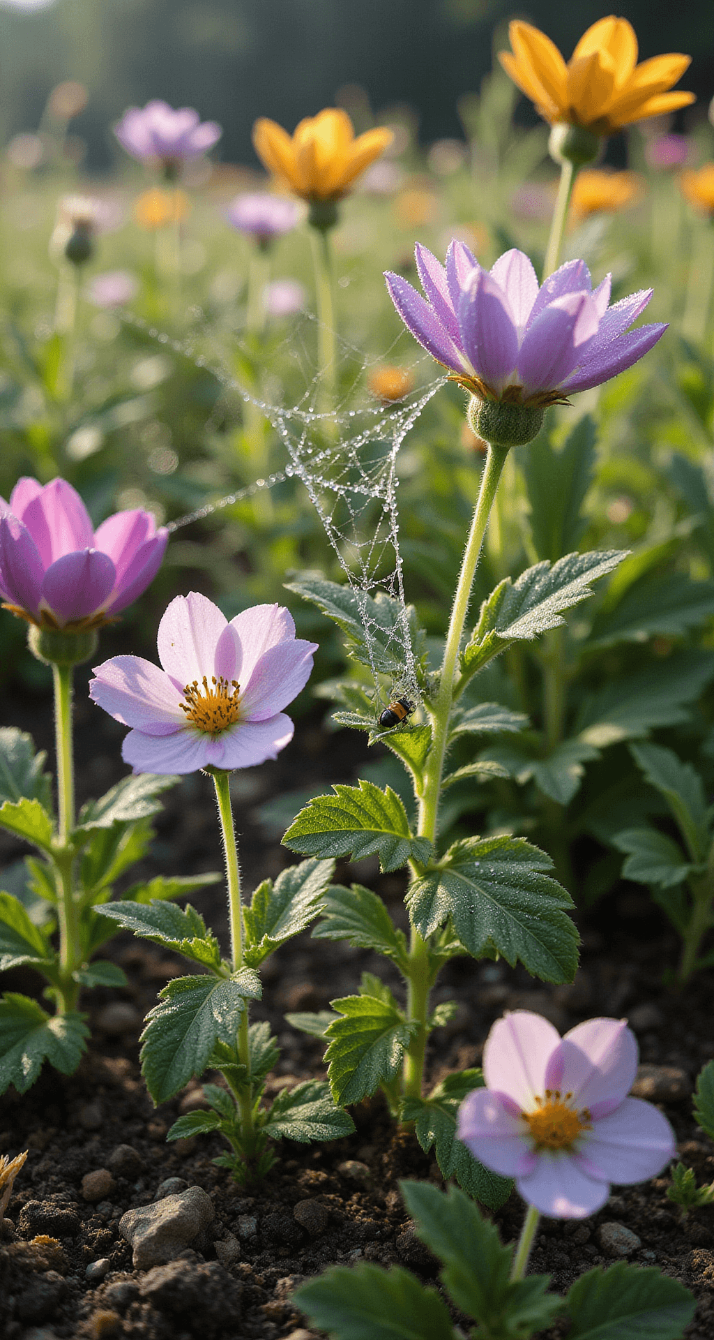 Close-up view of a 5x5ft garden section at dawn, featuring self-seeded wildflowers with dew-covered cobwebs, illuminated by soft morning light. The rich soil texture is visible among the plants, showcasing a color palette of earth tones and jewel-toned blooms, with small beneficial insects perched on the leaves.