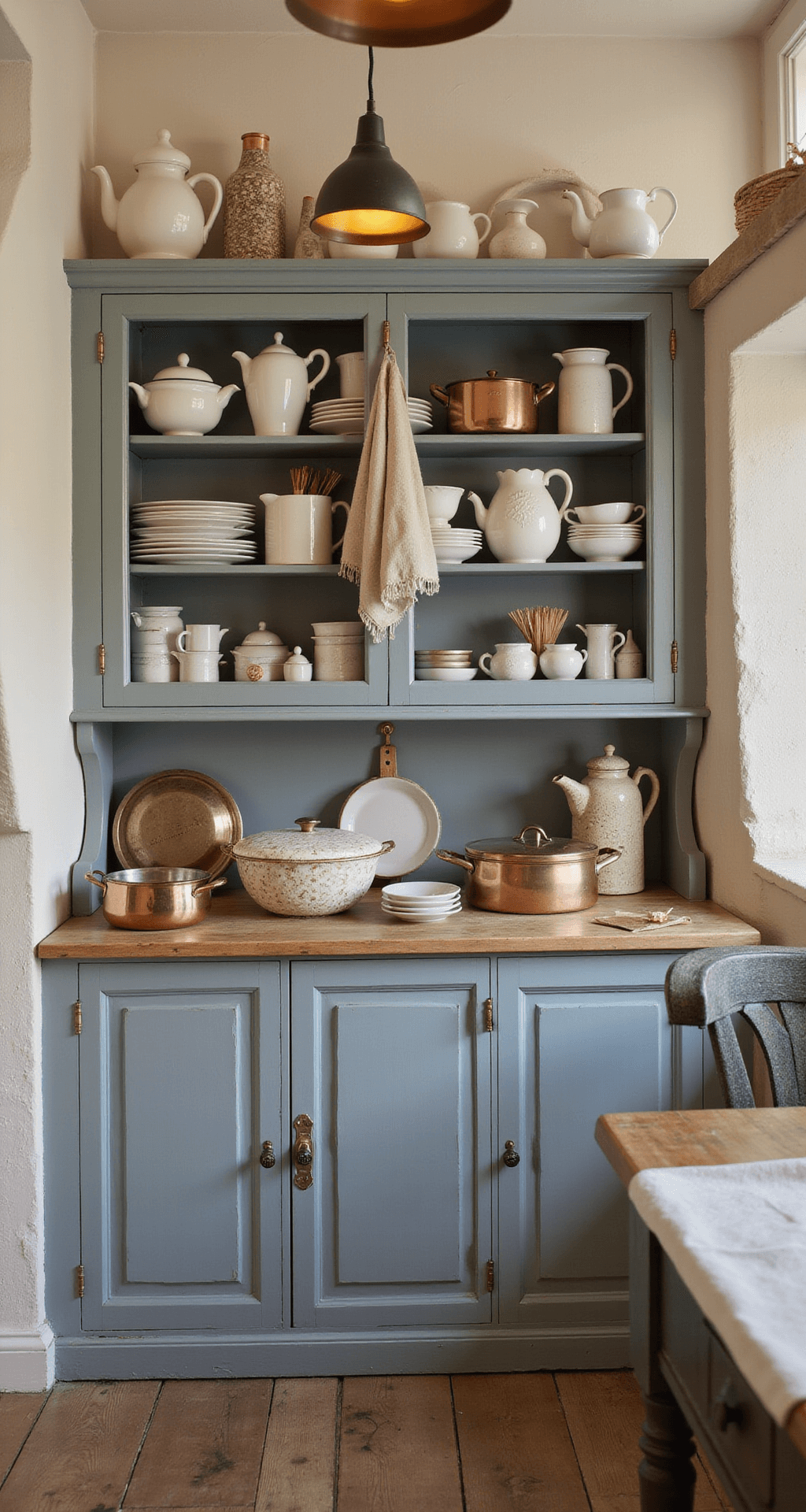 Detail view of a cozy French cottage kitchen corner at dusk, featuring a vintage hutch in chalky blue-gray showcasing collections of ironstone and earthenware, with copper cookware reflecting warm pendant lighting. Natural linen tea towels hang from rustic brass hooks, against lime-washed ivory walls and aged oak floors, all creating an inviting evening ambiance reminiscent of candlelight.