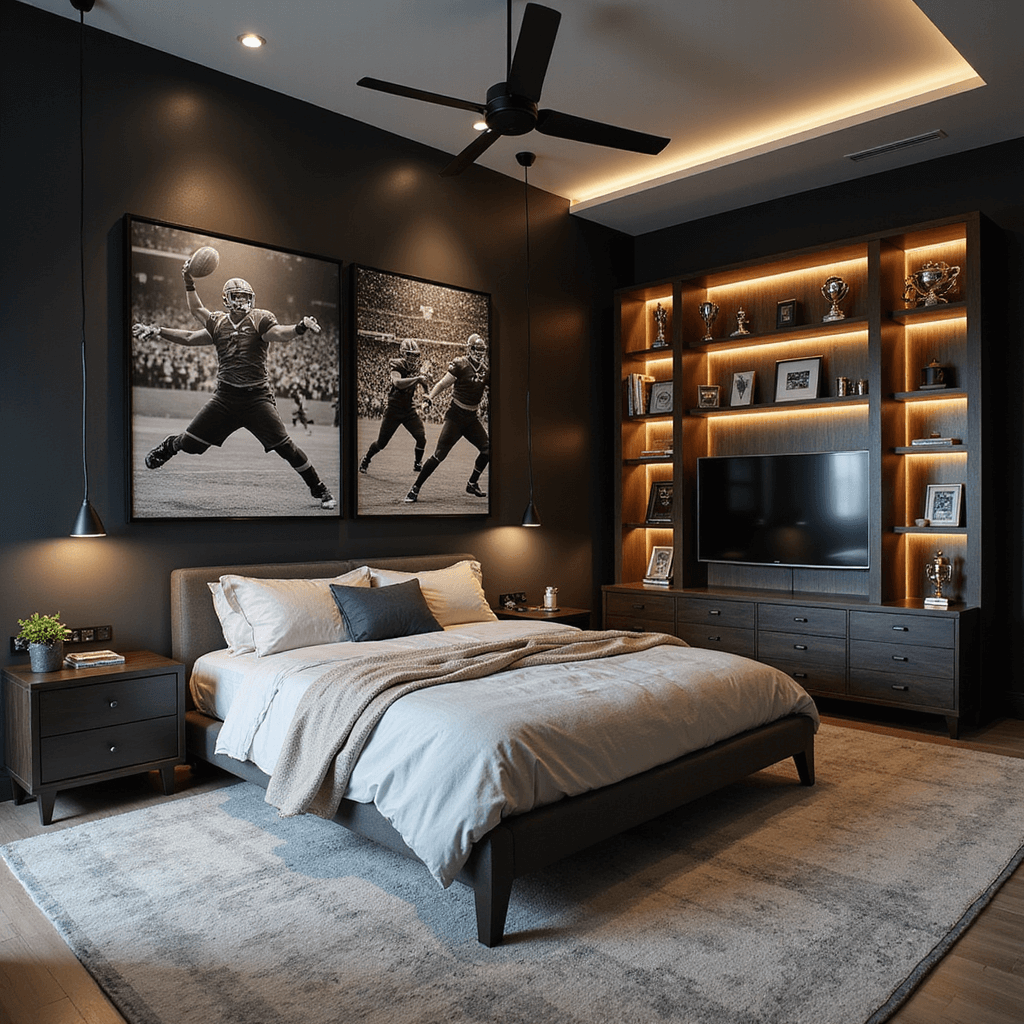 A contemporary bedroom featuring a charcoal accent wall with oversized sports photography, custom geometric shelving in team colors displaying trophies, a queen bed with a performance fabric headboard, ambient LED lighting behind a floating media console, and hexagonal wall tiles, all captured from an elevated corner perspective.