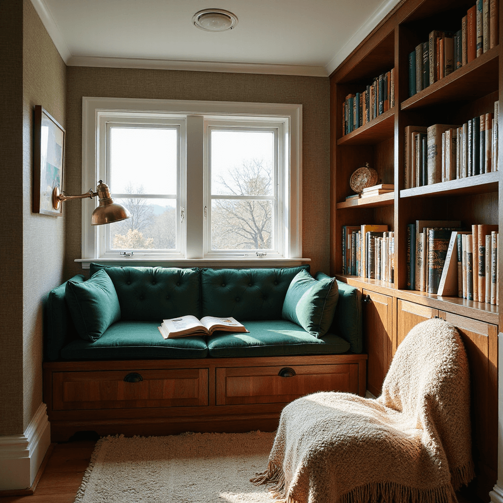 A cozy reading nook featuring a built-in window seat with green velvet cushions, illuminated by late afternoon sunlight. Floating walnut shelves display a color-coded book collection, and a vintage brass lamp provides task lighting, all against a backdrop of grasscloth wallpaper and a handwoven wool throw.
