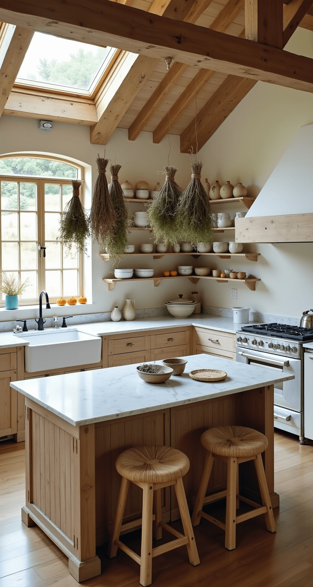 Overhead view of a sunlit French country kitchen workspace featuring a marble-topped island with a weathered oak base, surrounded by rush-seated stools, dried herb bundles hanging from wooden beams, and earthenware crocks against warm white plastered walls, showcasing a harmonious blend of natural woods and Provençal blue accents.
