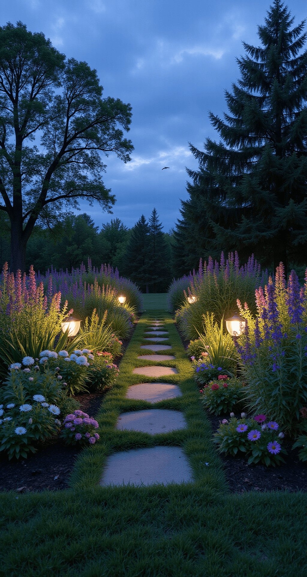 A wide-angle view of a twilight garden panorama featuring a naturalistic wildflower meadow transitioning from a manicured lawn, with solar path lights illuminating stepping stones, varied flower silhouettes against a deep blue sky, moths fluttering between muted blooms, and garden art pieces nestled among the flowers.