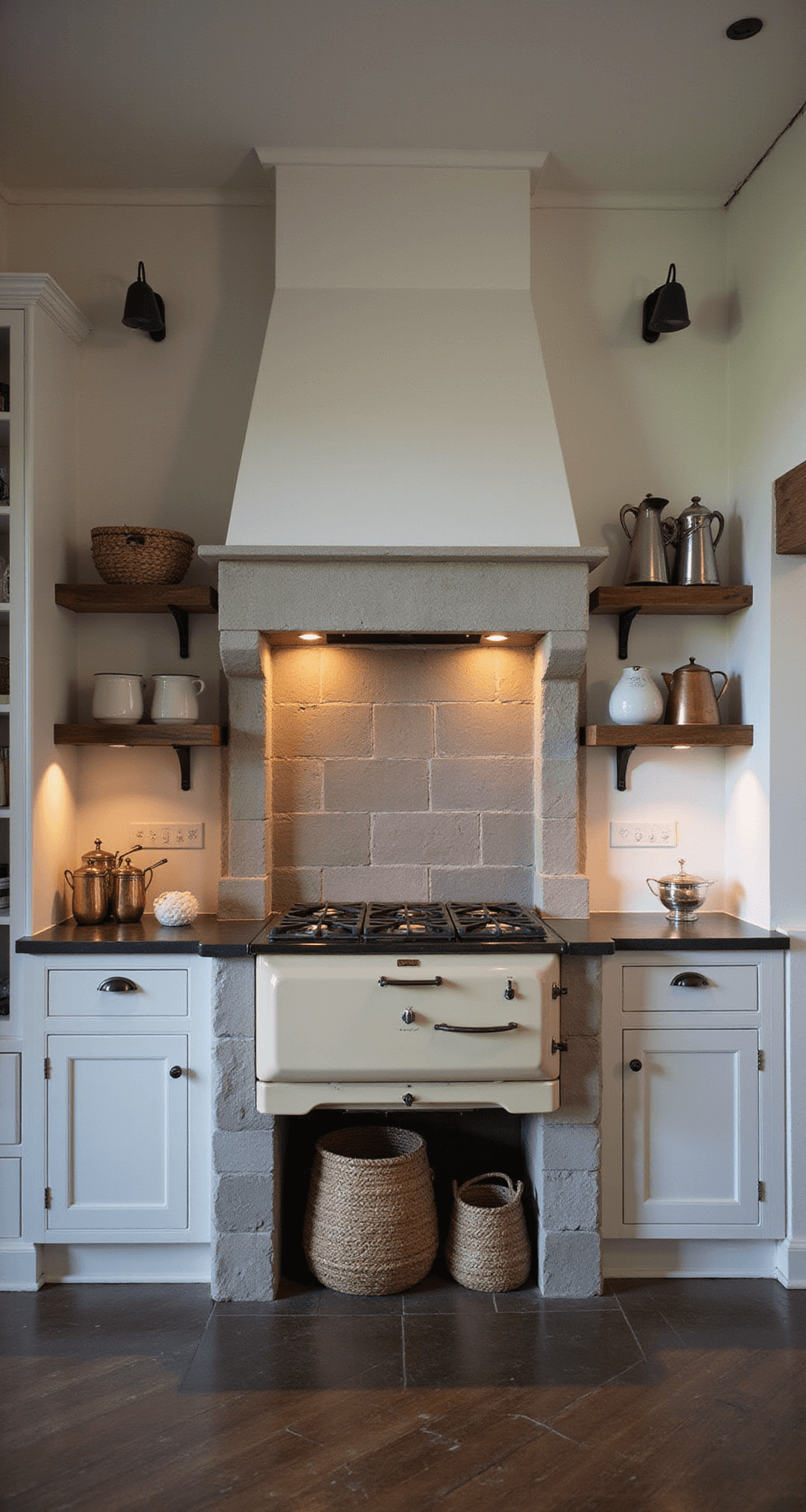Intimate portrait of a cottage kitchen's cooking area at twilight, featuring a cream enamel vintage range surrounded by a limestone hearth, with open shelving displaying copper molds and ceramic pitchers. Hand-forged iron pot racks hang above essential cookware, while 'Dove White' walls contrast with 'French Linen' cabinets. Woven market baskets add texture below counter height, captured from a slight low angle with mixed warm artificial light and fading daylight.