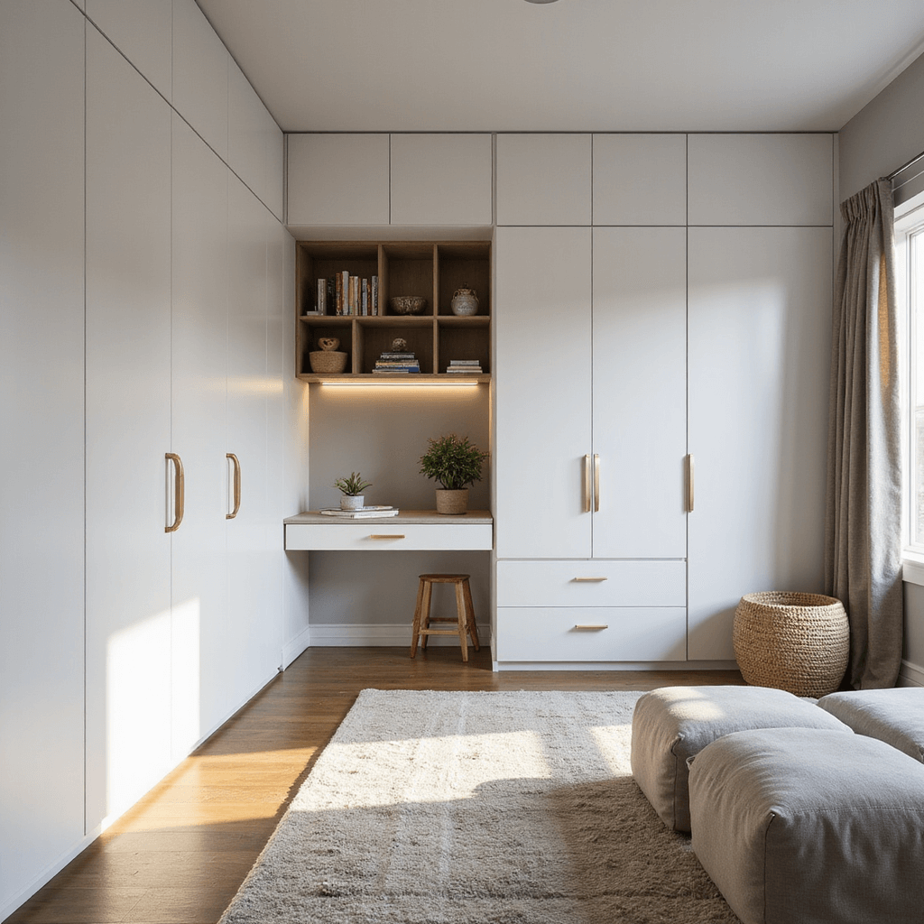 Wide-angle view of a 10x12ft bedroom featuring innovative storage solutions, including a floor-to-ceiling matte white modular closet, a hidden Murphy desk from custom millwork, geometric storage ottomans, and integrated LED lighting, all enhanced by cool morning light.