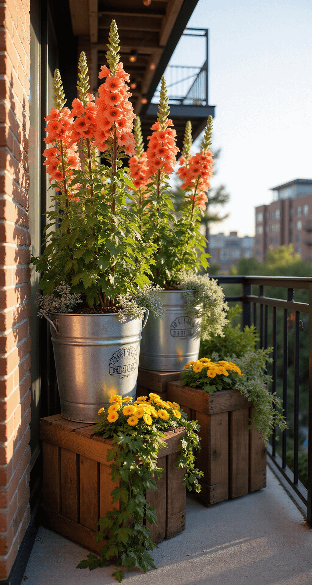 A sunlit urban balcony filled with vibrant coral snapdragons, cheerful butter-yellow penny violas, and cascading silver-green ivy, all arranged in galvanized metal buckets and vintage wooden crates, with warm copper string lights enhancing the modern rustic atmosphere against a textured concrete floor.