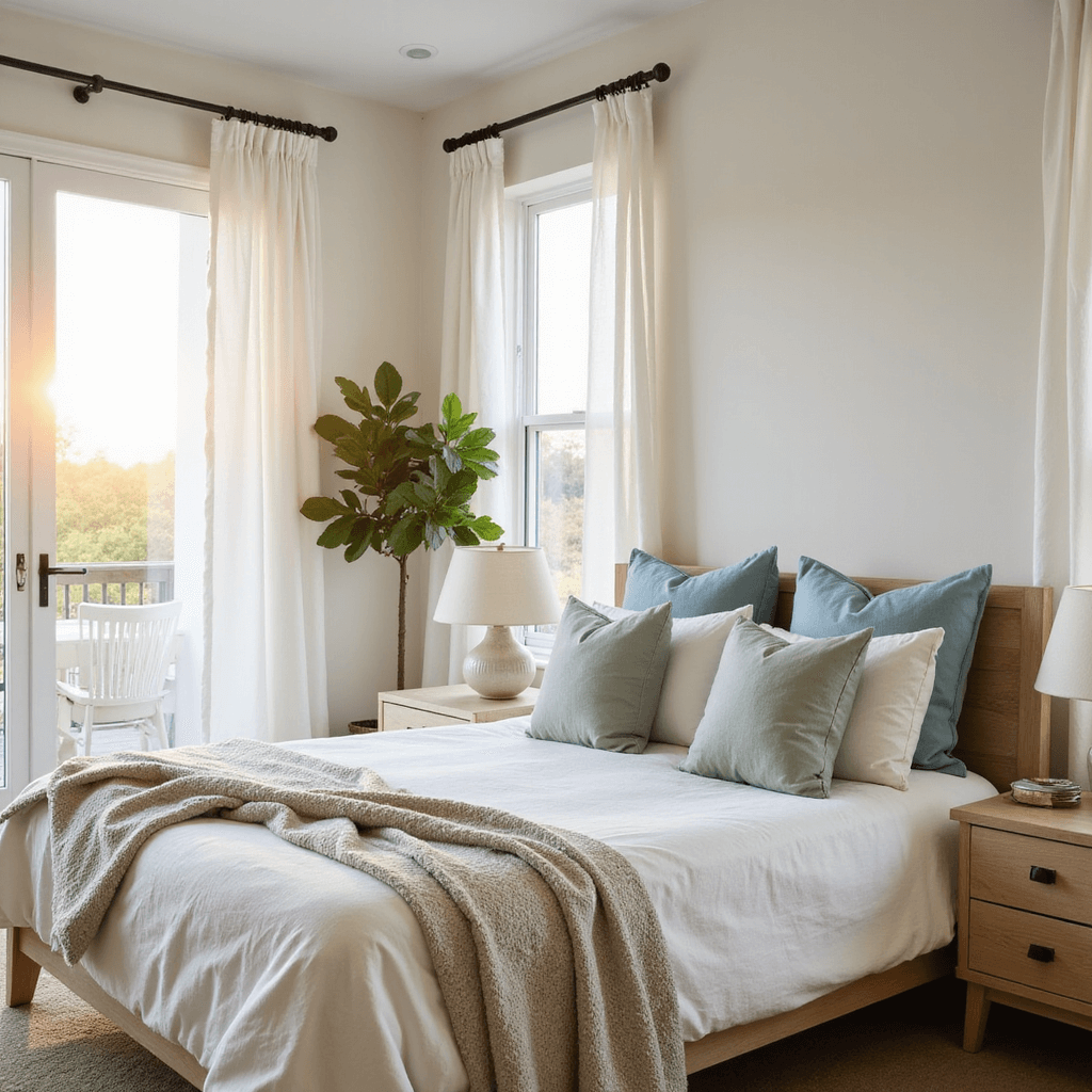 A sunlit bedroom featuring a cloud-like king bed, flowy white curtains, and pale blue accents, captured at golden hour for a dreamy atmosphere.