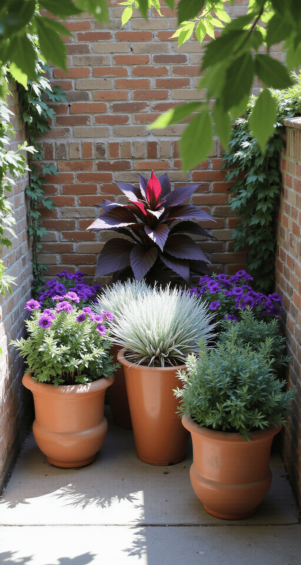 Intimate courtyard patio featuring mismatched European-style terracotta planters with tall burgundy coleus, white 'Diamond Frost' euphorbia, and purple petunias, against a weathered brick wall, captured in soft midday light with dappled shade.