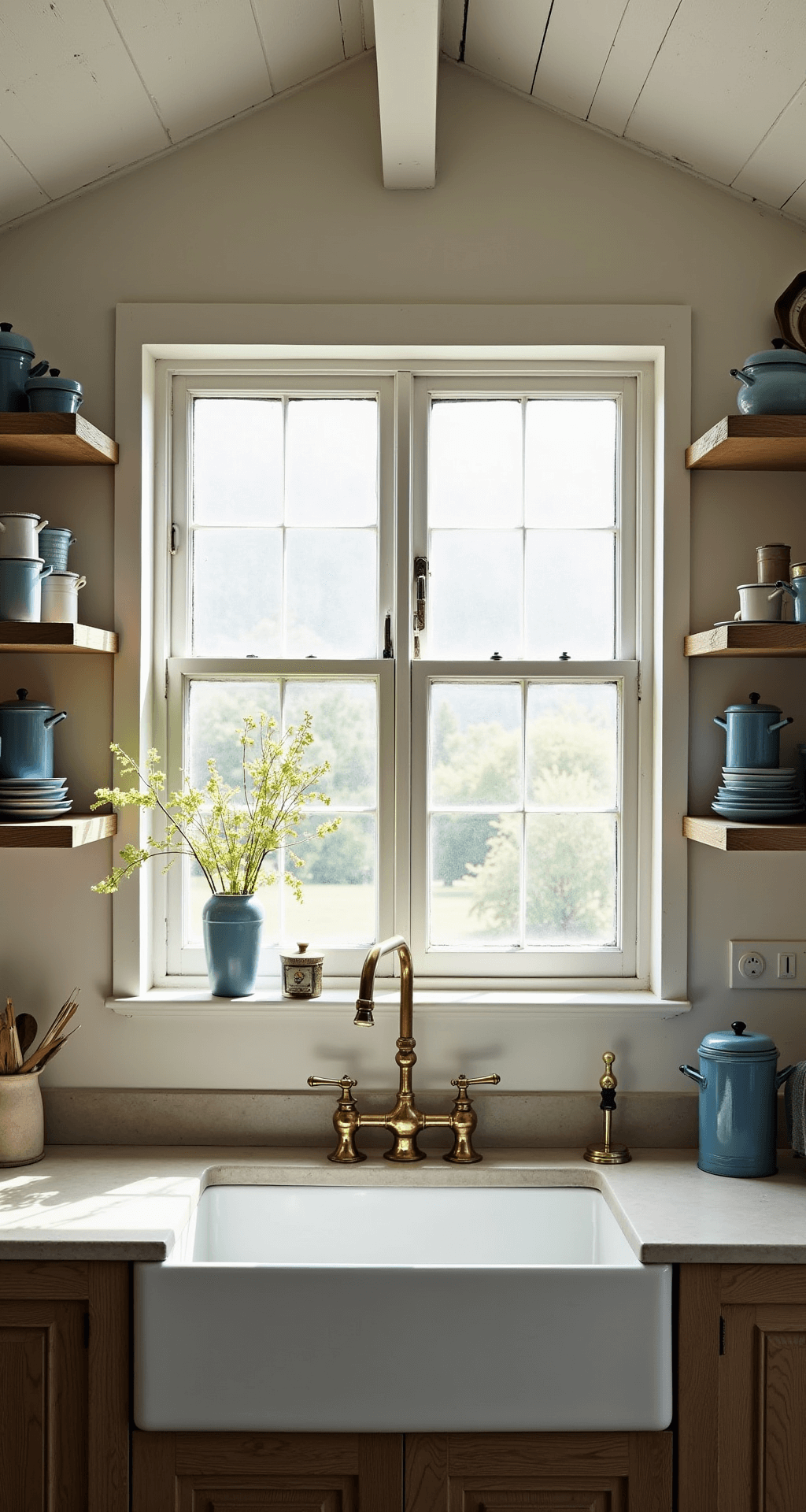 A cozy kitchen scene featuring a farmhouse sink under mullioned windows, aged brass fixtures catching morning light, white pitched ceilings with rough-hewn beams, open shelving displaying vintage blue and white enamelware, and linen cafe curtains filtering sunlight onto limestone counters, all captured with a shallow depth of field.