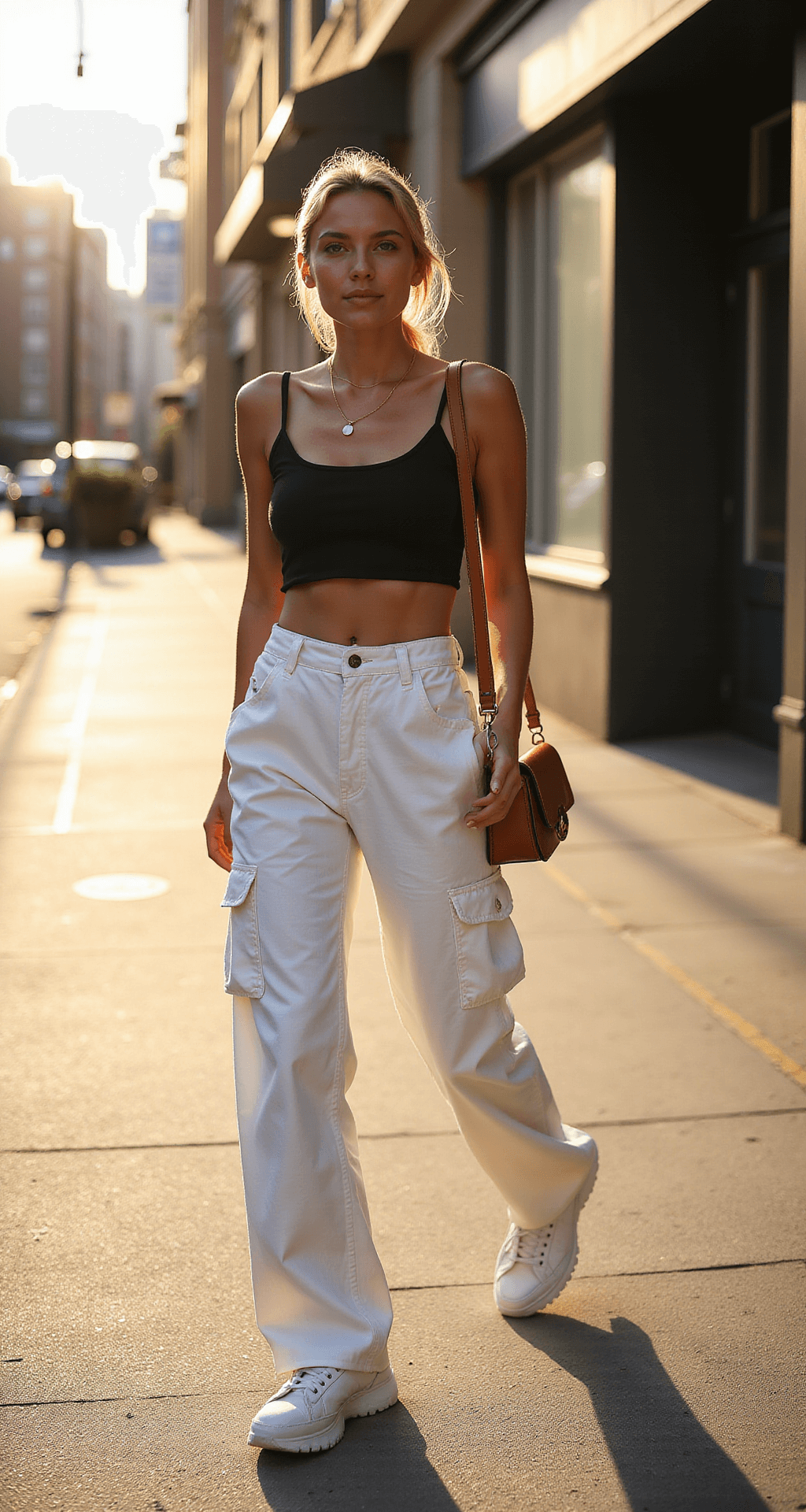 A stylish woman in white cargo pants and a black crop top walks confidently on a sunlit urban street corner during golden hour, with a tan leather crossbody bag and chunky white sneakers, captured from a low angle with blurred city architecture in the background.