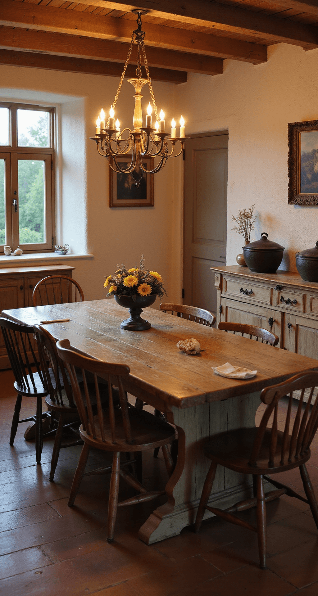 Dramatic dusk shot of a cozy French cottage kitchen dining area featuring a reclaimed oak harvest table surrounded by patina Windsor chairs, illuminated by an iron chandelier with candlelight, rustic stripped pine sideboard displaying ironstone tureens, warm ivory plaster walls, and terracotta floors, all creating an intimate atmosphere.