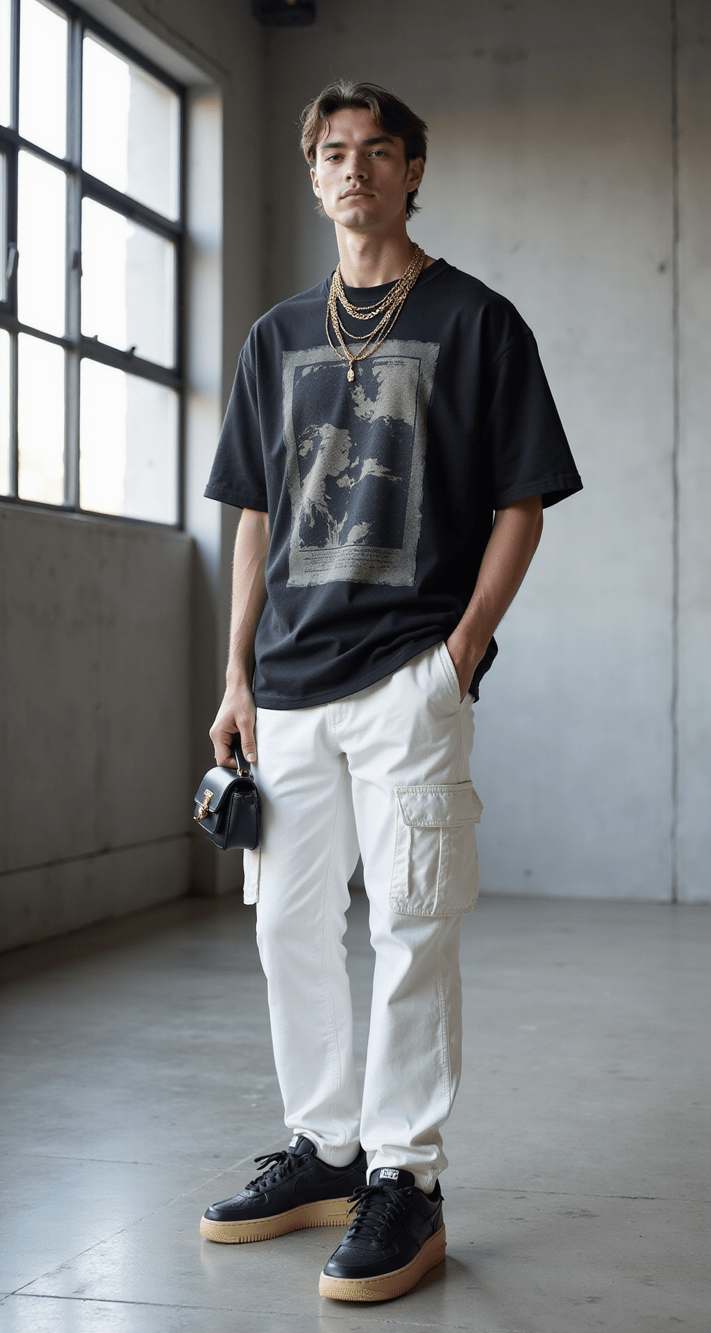 A model in a minimalist industrial-style loft, wearing white cargo pants, an oversized faded black vintage graphic tee, and platform Nike Air Force 1s, styled with layered gold chain necklaces and a sleek black leather crossbody bag, illuminated by soft natural light through floor-to-ceiling windows.