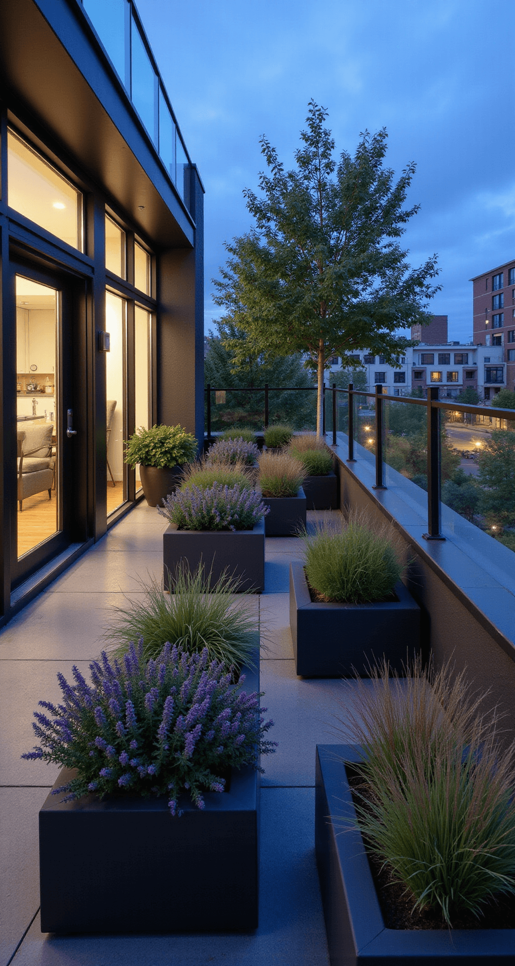 A contemporary rooftop garden in blue hour featuring sleek matte black IKEA planters in geometric arrangements, vibrant ornamental grasses, purple verbena, and silver dichondra. The polished concrete floor reflects ambient light, complemented by a modern glass railing, creating a sophisticated urban retreat.
