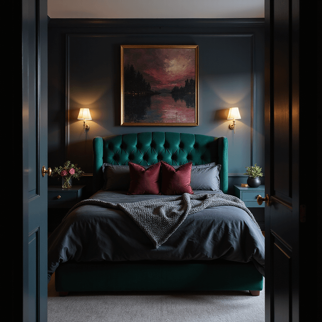 A dramatic primary bedroom at dusk featuring deep navy walls, an emerald green velvet headboard, and ambient lighting from vintage brass sconces. The layered bedding includes charcoal linen sheets, burgundy velvet pillows, and a chunky knit throw in slate gray, while an oversized abstract art piece in moody tones accents the focal wall. The image is shot straight-on from the doorway, capturing the luxe contemporary style with art deco touches.