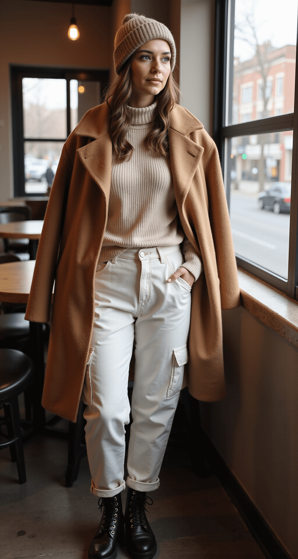 Close-up of a cozy coffee shop outfit featuring white cargo pants, a cream ribbed turtleneck sweater, and a camel wool coat draped over the shoulders. Black combat boots with hardware details are visible, complemented by a neutral beige beanie. Morning light streams through the cafe windows, enhancing the warm ambiance and creating a beautiful bokeh effect.