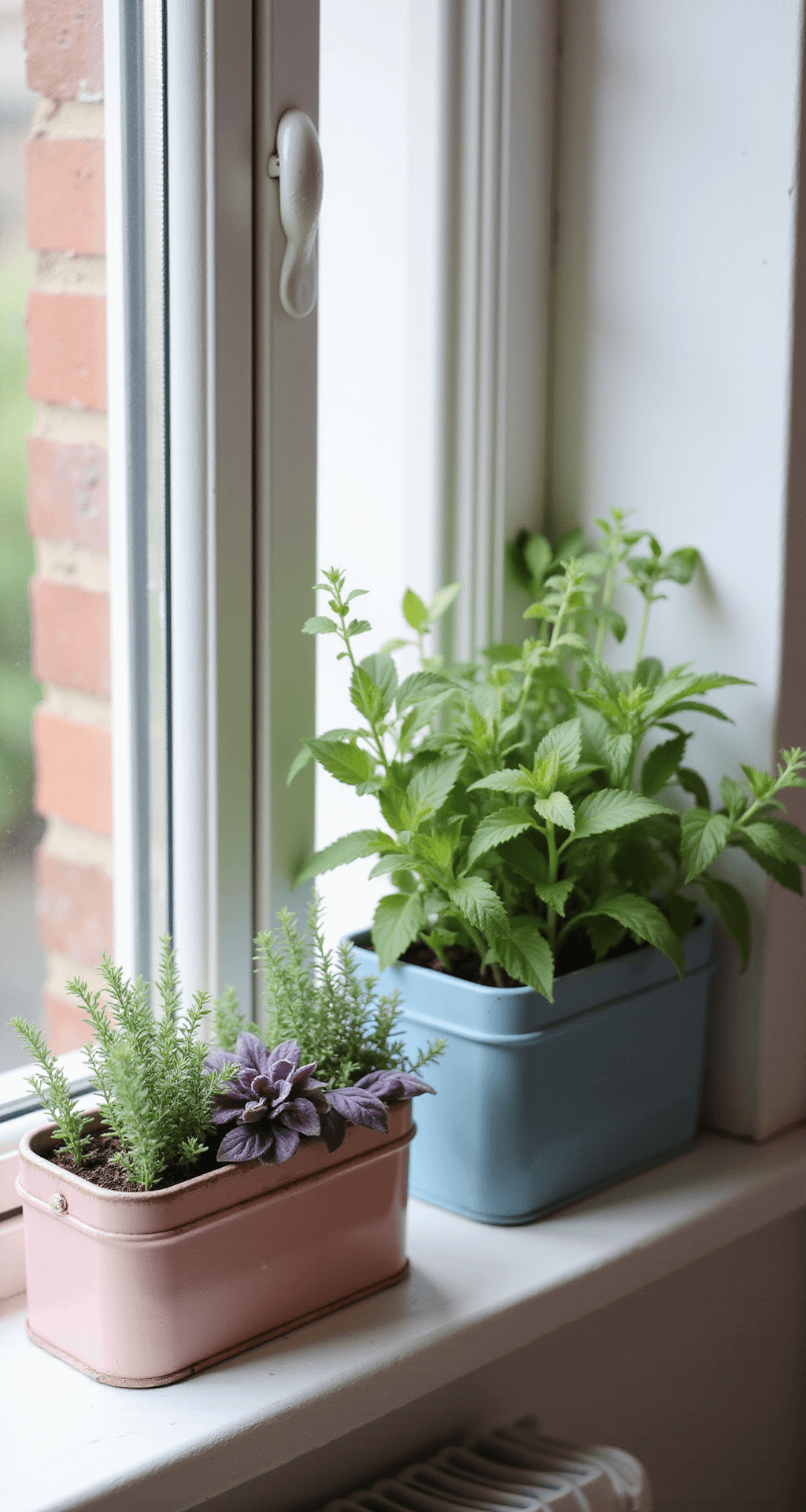 Close-up of a cozy windowsill in morning light, showcasing repurposed vintage coffee tins in pastel colors filled with a compact herb garden of silver thyme, purple basil, and trailing oregano, set against a clean white wooden window frame.