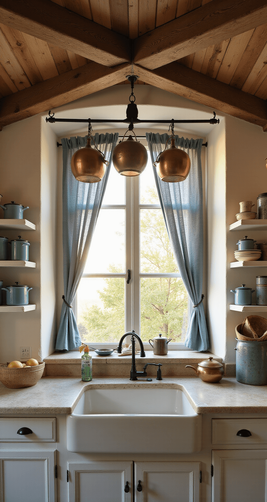 A warm, sunlit French country kitchen featuring weathered oak beams, cream plaster walls, a farmhouse sink under a large window with blue linen curtains, and vintage enamelware on open shelving, captured from a low angle.