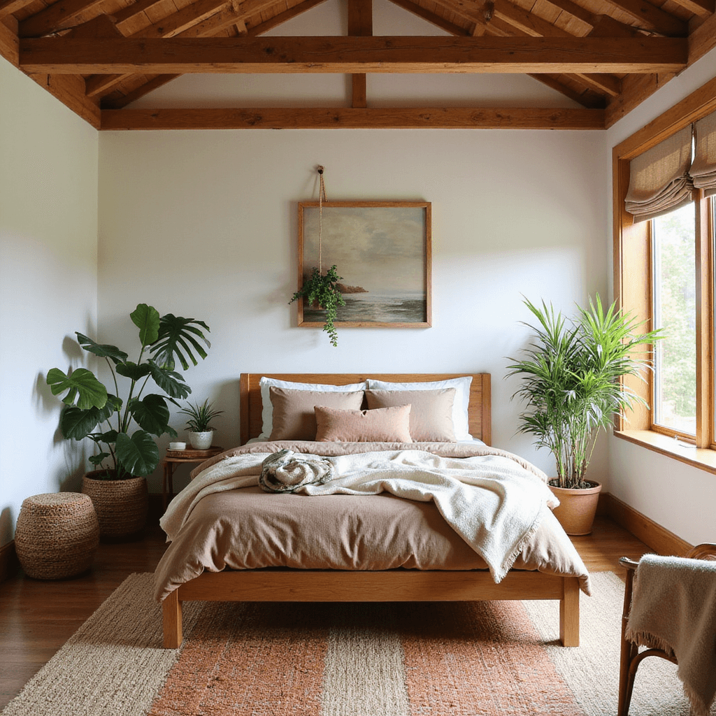 A bright corner bedroom with vaulted ceiling and exposed wooden beams, featuring a teak platform bed with organic cotton bedding, potted monstera plants, and a rattan accent chair, all in earth tones, illuminated by natural light.