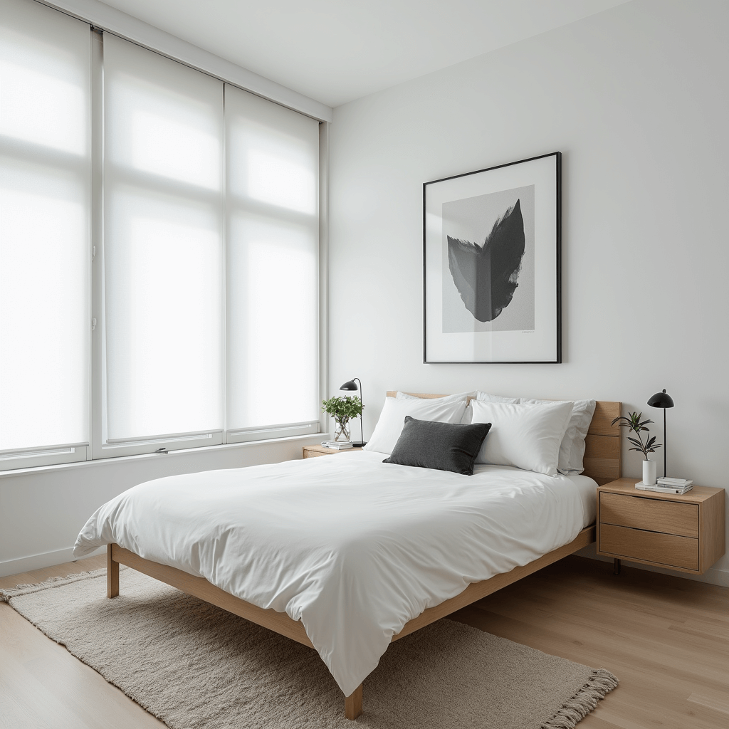 Minimalist bedroom featuring a light oak platform bed with crisp white bedding and a charcoal lumbar pillow, floor-to-ceiling windows with white roller blinds, built-in floating nightstands, and a large black and white photography piece above the bed, all presented with bright, even lighting.