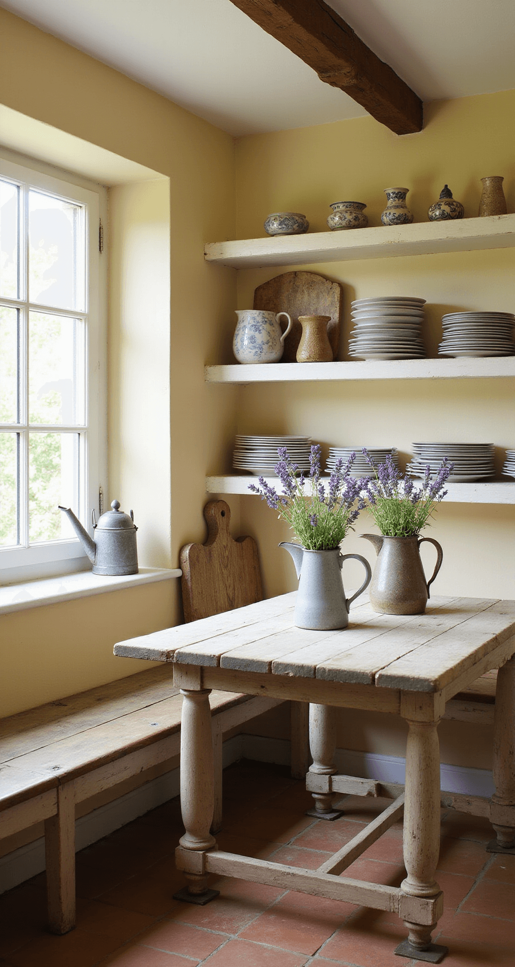 A cozy Provençal kitchen nook bathed in morning sunlight, featuring a distressed pine table with lavender sprigs, vintage ironstone pitchers, pale yellow walls, terracotta flooring, a zinc watering can, stacked antique bread boards, and mismatched vintage plates on whitewashed open shelves.