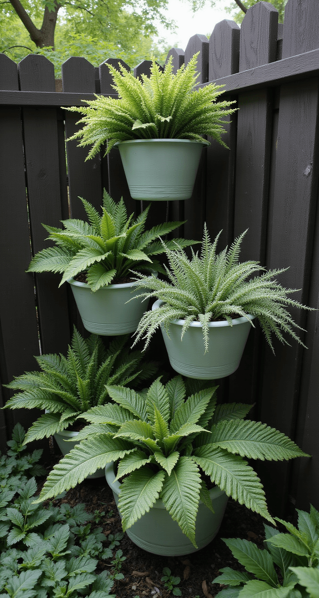 A serene shaded corner garden featuring an 8'x8' arrangement of painted dollar store hanging baskets in soft sage greens, filled with lush ferns, peacock spikemoss, and variegated ivy, against a dark wooden fence, beautifully illuminated by afternoon light that highlights the intricate foliage patterns, creating a tranquil woodland sanctuary.