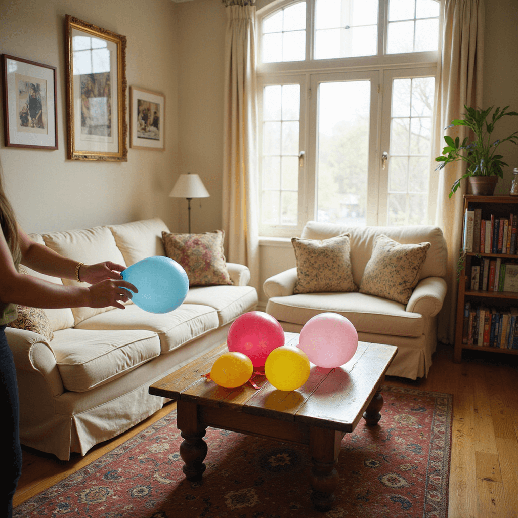 A cozy living room with warm afternoon light features a plush cream sofa facing a rustic coffee table adorned with colorful balloons and ribbon, while a person's hands demonstrate the finger-twist balloon tying technique. Soft beige walls display framed party photos, and a corner bookshelf holds party planning books and a jar of uninflated balloons.