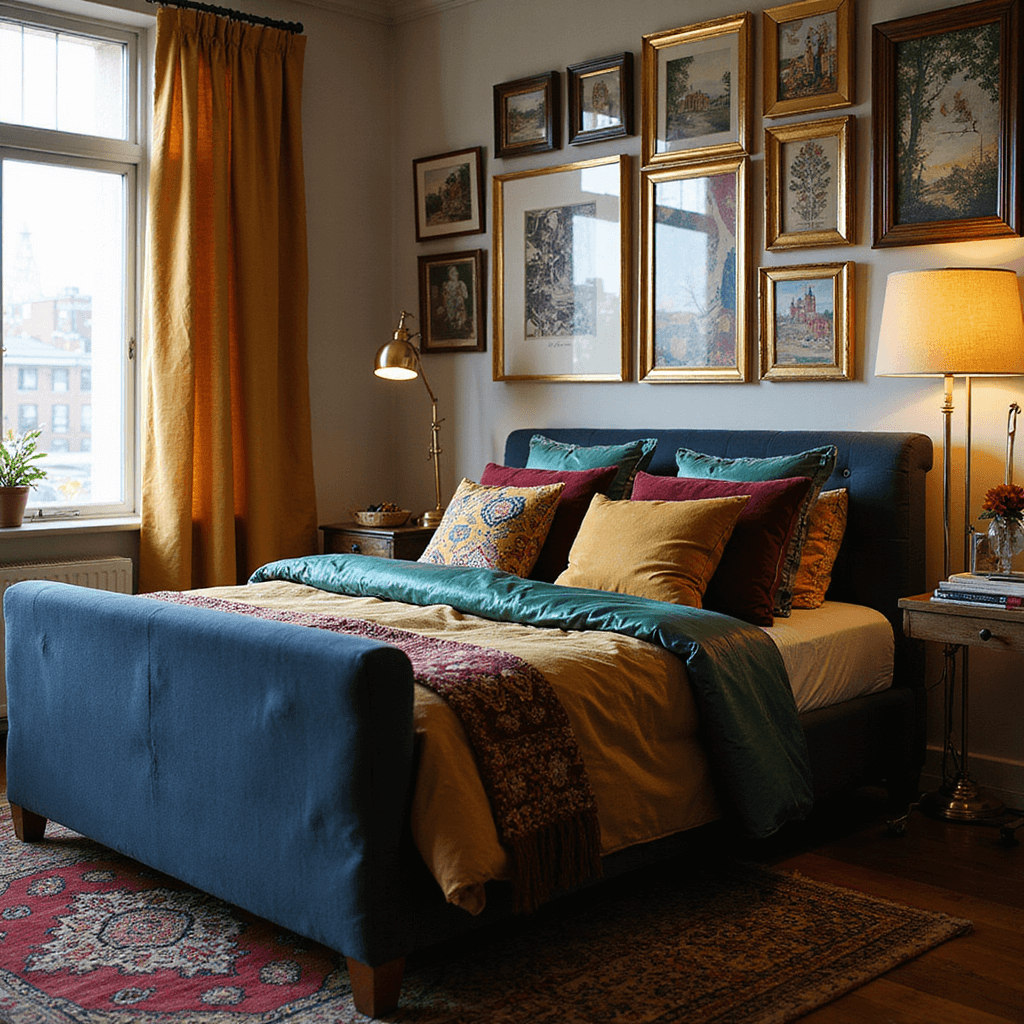 Cozy bedroom with eclectic gallery wall of vintage frames, jewel-toned bedding in emerald, burgundy, and mustard on a navy upholstered bed, and a warm brass floor lamp, featuring global textiles like a Moroccan rug and Indian block print pillows, all bathed in golden hour light.