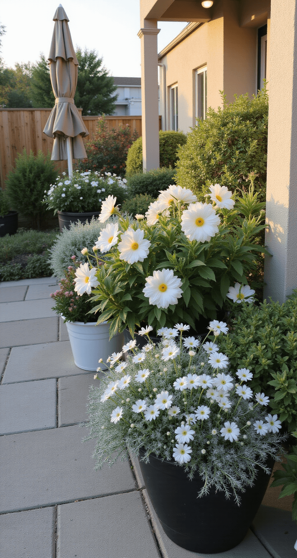 A small-space patio garden with a monochromatic white palette, featuring mixed containers of white angelonia, silvery dusty miller, and snow-white bacopa, photographed at sunset. The pale stone pavers are visible below, bathed in golden hour light that creates dramatic shadows, evoking an elegant minimalism in a soft focus.