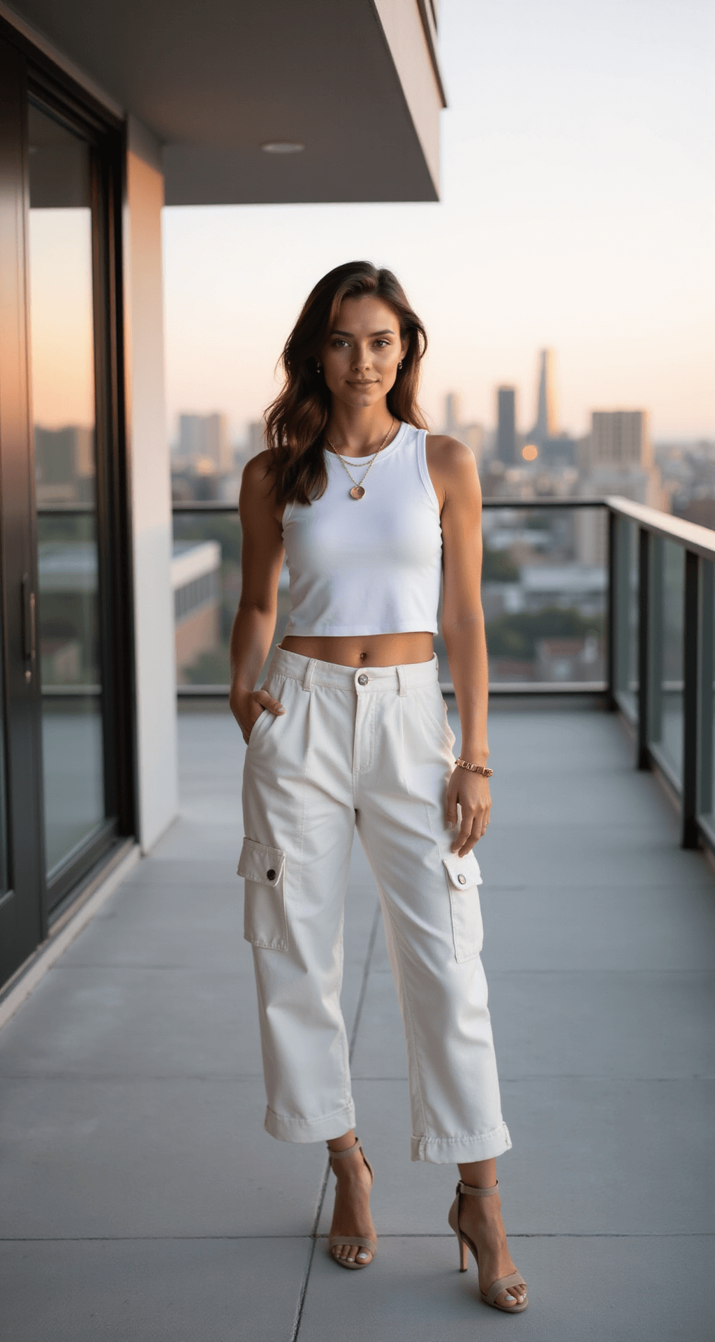 Model in white cargo pants and a minimalist white tank top stands on a modern rooftop terrace at sunset, adorned with gold minimal jewelry that glimmers in the golden hour light, framed by clean architectural lines and a city skyline in the background, captured with a 70-200mm lens for a compressed effect on proportions.