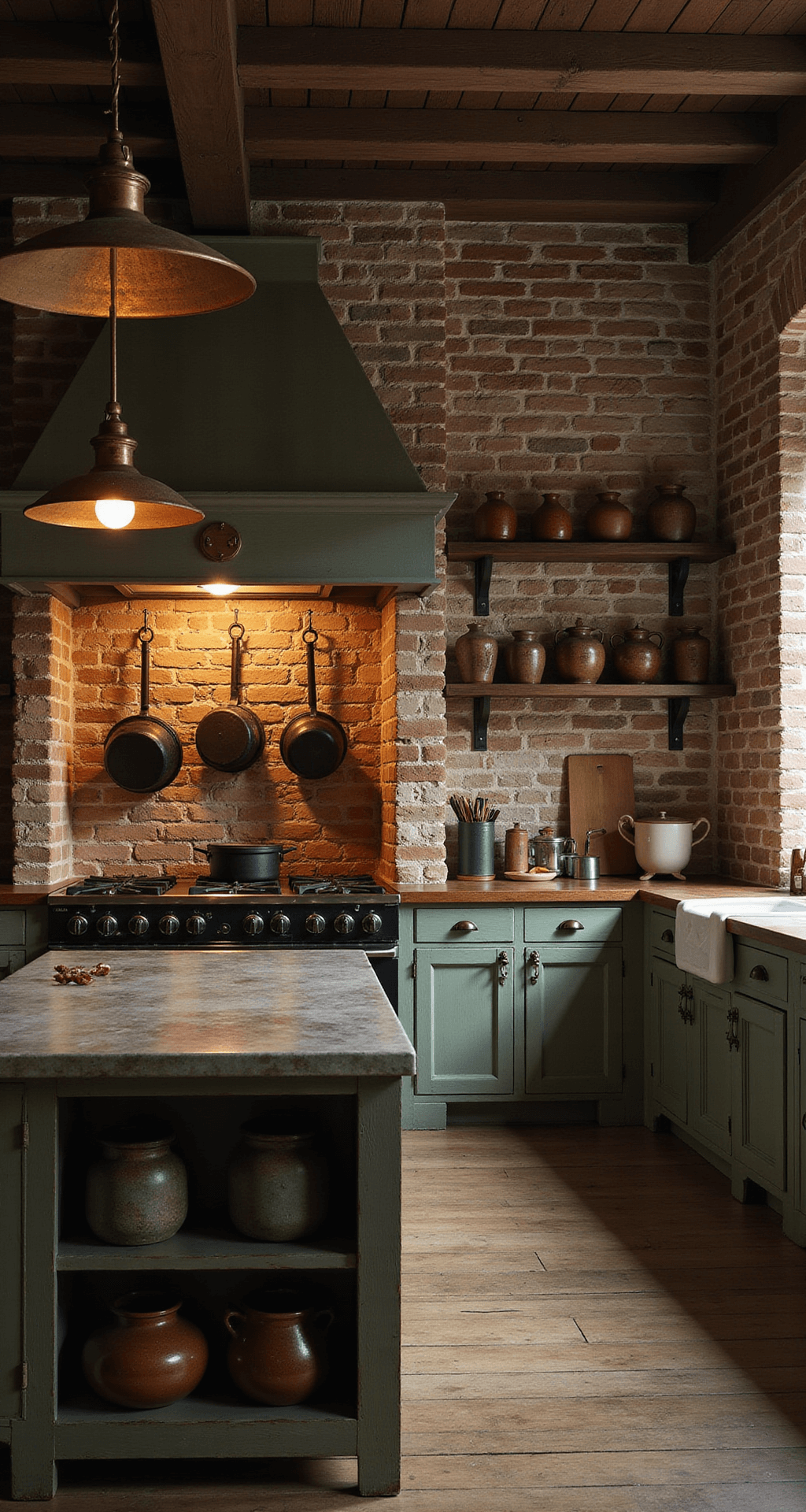 A cozy Normandy-style kitchen with exposed brick walls, a large cooking hearth adorned with hanging cast iron pots, and soft lamplight from vintage pendant fixtures. The focal point is an expansive island topped with aged zinc, complemented by open shelving displaying copper molds and earthenware crocks. Distressed sage green wooden cabinets anchor the moody atmosphere, captured from chest height with low-key lighting and dramatic shadows.