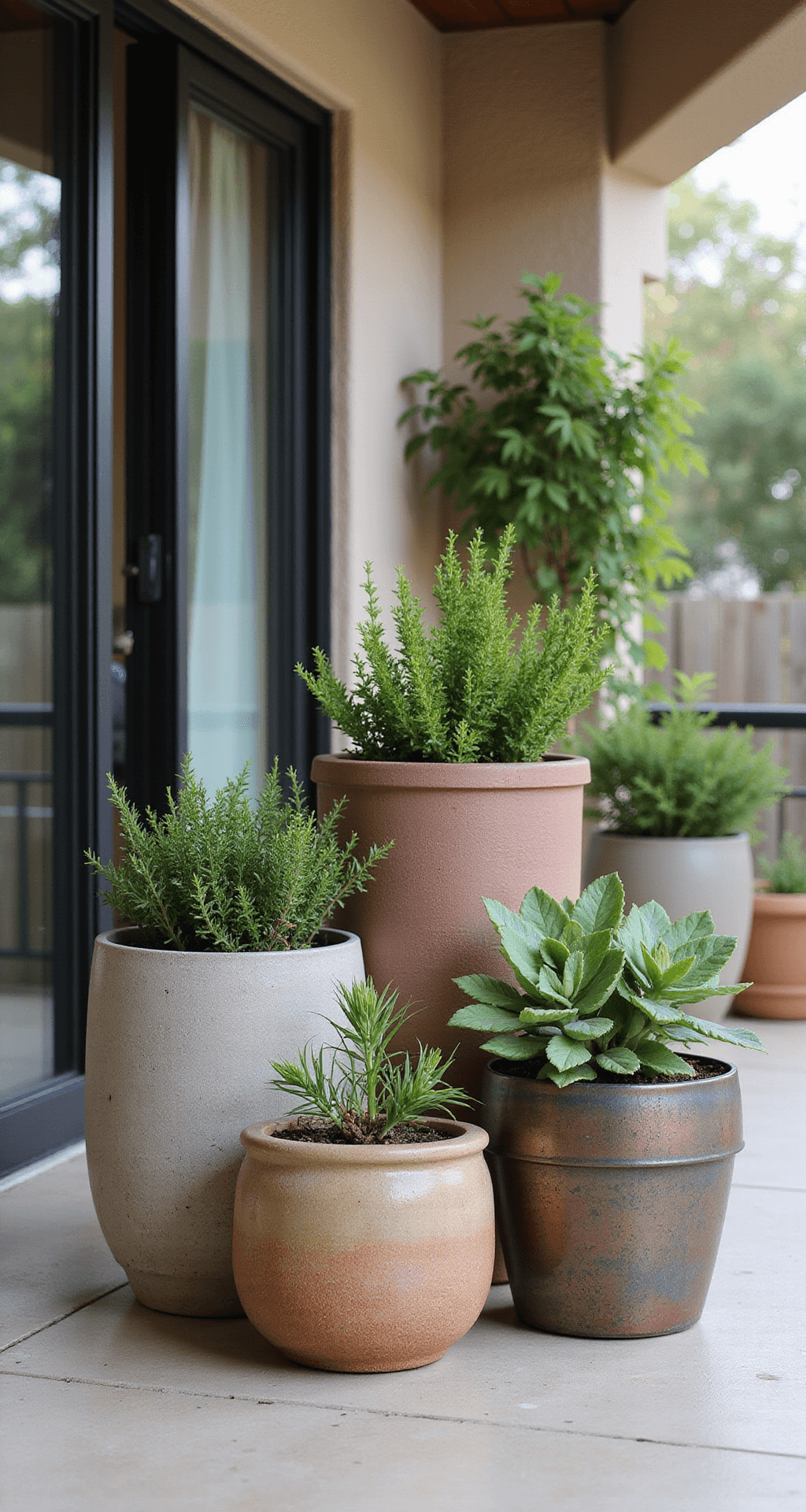 Wide-angle view of a 12'x14' indoor-outdoor transitional space illuminated by diffused midday light, showcasing grouped containers of drought-tolerant succulents and Mediterranean herbs in a mix of concrete, ceramic, and metal planters. The earthy tones and varying heights of the plants are highlighted against the backdrop of sliding glass doors. The scene captures a mood of California casual sophistication with a focus on textural contrasts, enhanced by subtle artificial lighting.