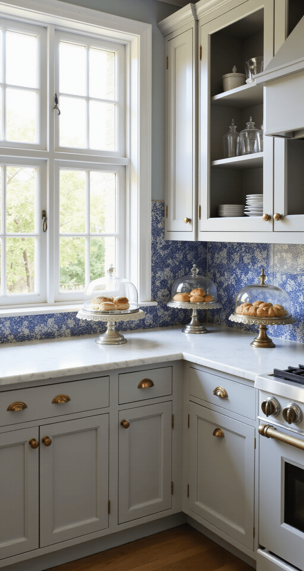 A bright Loire Valley-inspired kitchen featuring pale gray cabinets, a marble pastry station, and blue-and-white Portuguese tile backsplash, with antique silver trays and vintage cake stands displaying fresh pastries, all illuminated by soft, even light.