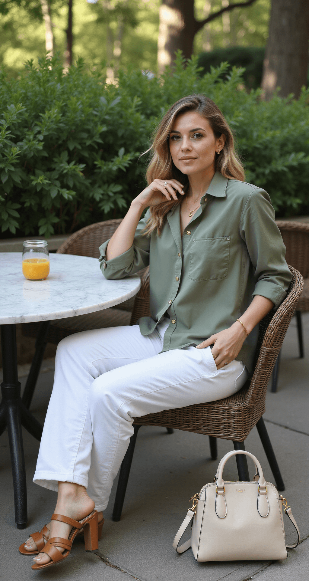 Sophisticated outdoor brunch scene featuring a woman in white cargo pants and a sage green silk shirt, seated at a marble table surrounded by lush greenery, with dappled morning light highlighting her delicate gold jewelry and cream leather crossbody bag nearby.