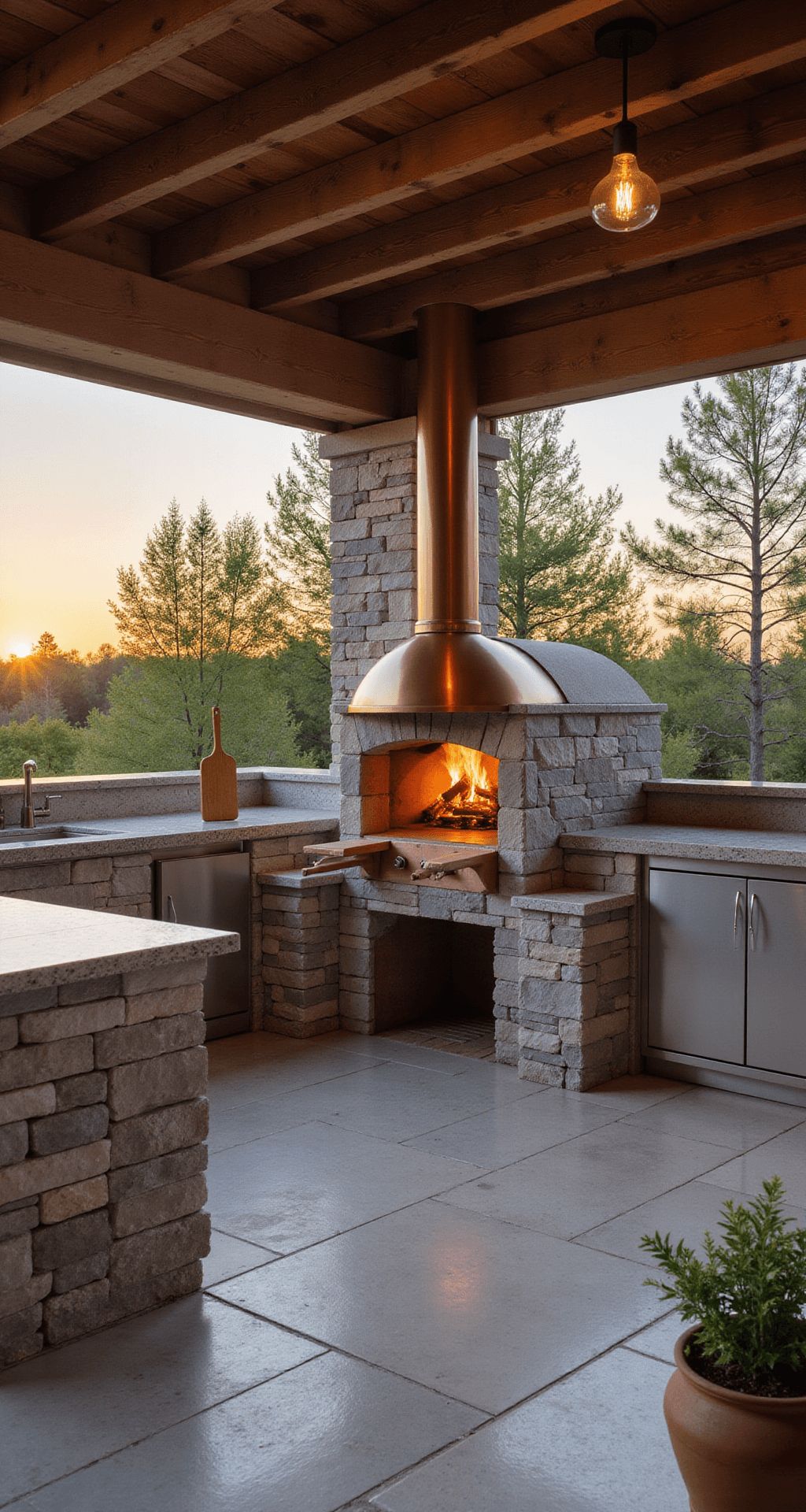 A modern outdoor kitchen at sunset featuring a stone pizza oven with a copper hood, surrounded by marble countertops, a grey stone backsplash, and wooden prep areas. The covered patio has exposed wooden beams, warm pendant lighting, and a wooden pizza paddle displayed. Herb garden in terracotta pots enhances the scene, captured at a 45-degree angle to highlight depth and texture.