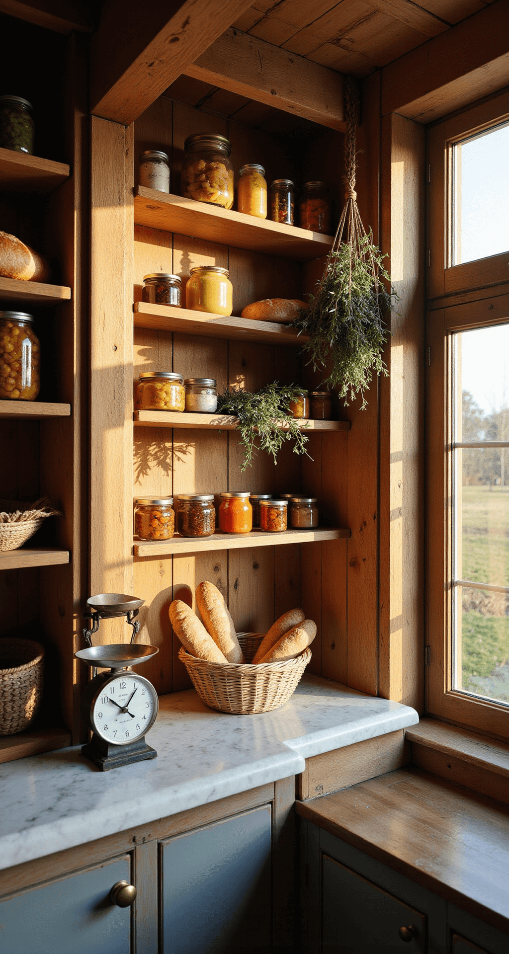 A rustic pantry filled with vintage preserving jars and woven baskets of fresh baguettes, illuminated by warm afternoon light. Dried herbs hang from beams, and an antique scale rests on a weathered marble counter, all captured in a low aperture shot that emphasizes preserved goods and depth.