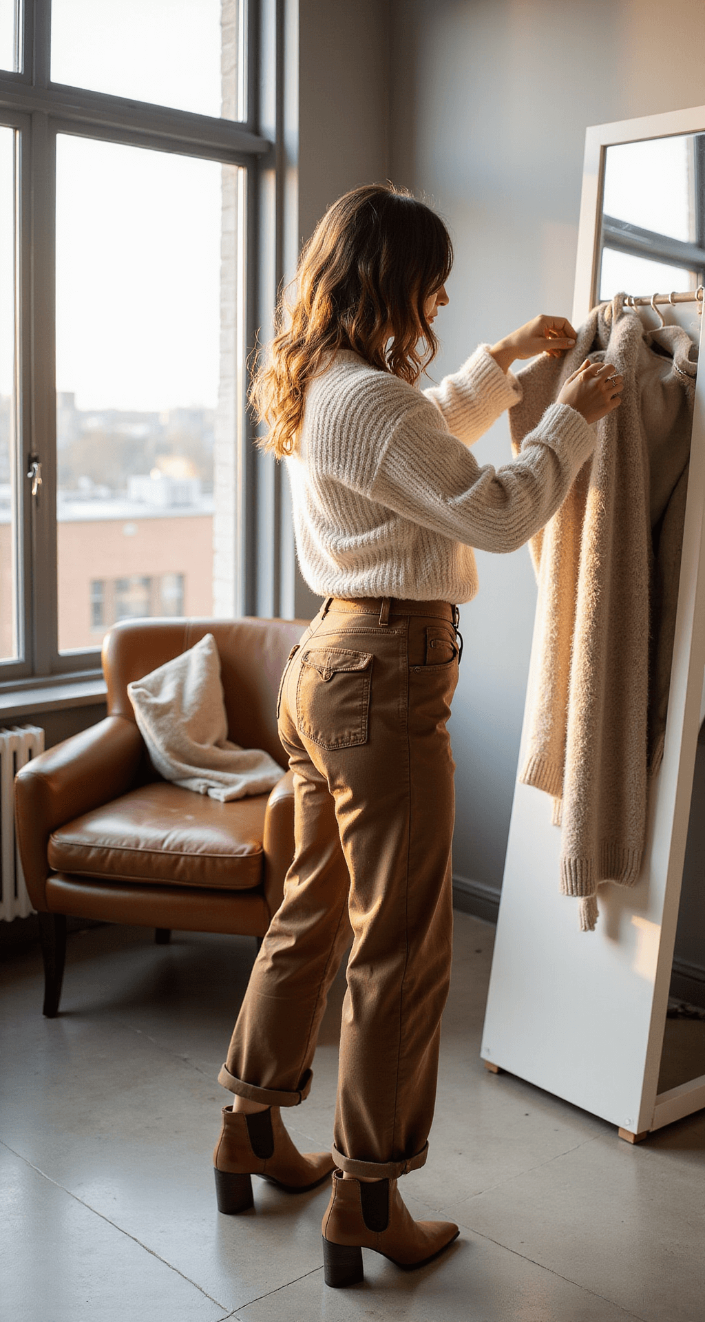 A fashion influencer styles brown cargo pants and a cream chunky knit sweater in a sunlit modern loft, featuring a minimalist clothing rack, a vintage leather armchair, and a full-length mirror reflecting the outfit, all illuminated by warm morning light.