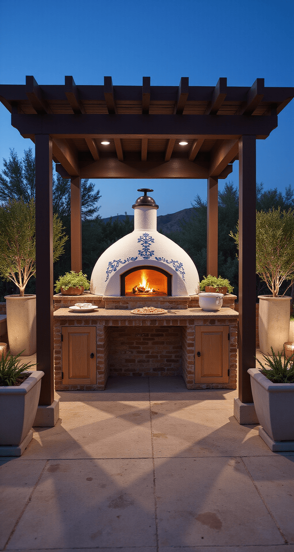 Mediterranean outdoor kitchen at twilight featuring a white dome pizza oven with blue tiles, surrounded by weathered brick and rustic wooden cabinets, framed by olive trees in planters, with soft lighting highlighting the cooking area and a pizza preparation scene.