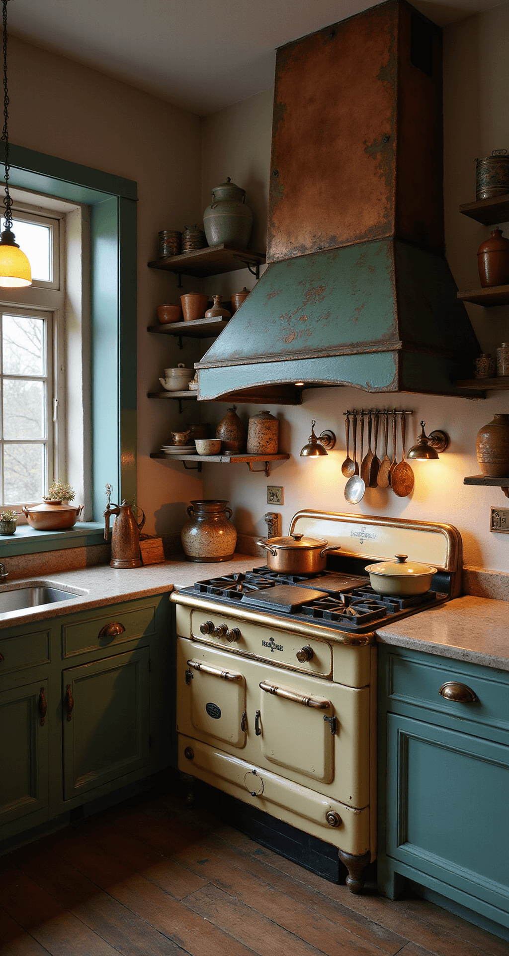 A cozy kitchen corner at dusk featuring a vintage cream and brass stove, a verdigris copper hood, open shelves filled with earthenware crocks and vintage utensils, and well-worn stone countertops, all illuminated by soft light from antique sconces, capturing a warm and lived-in atmosphere.