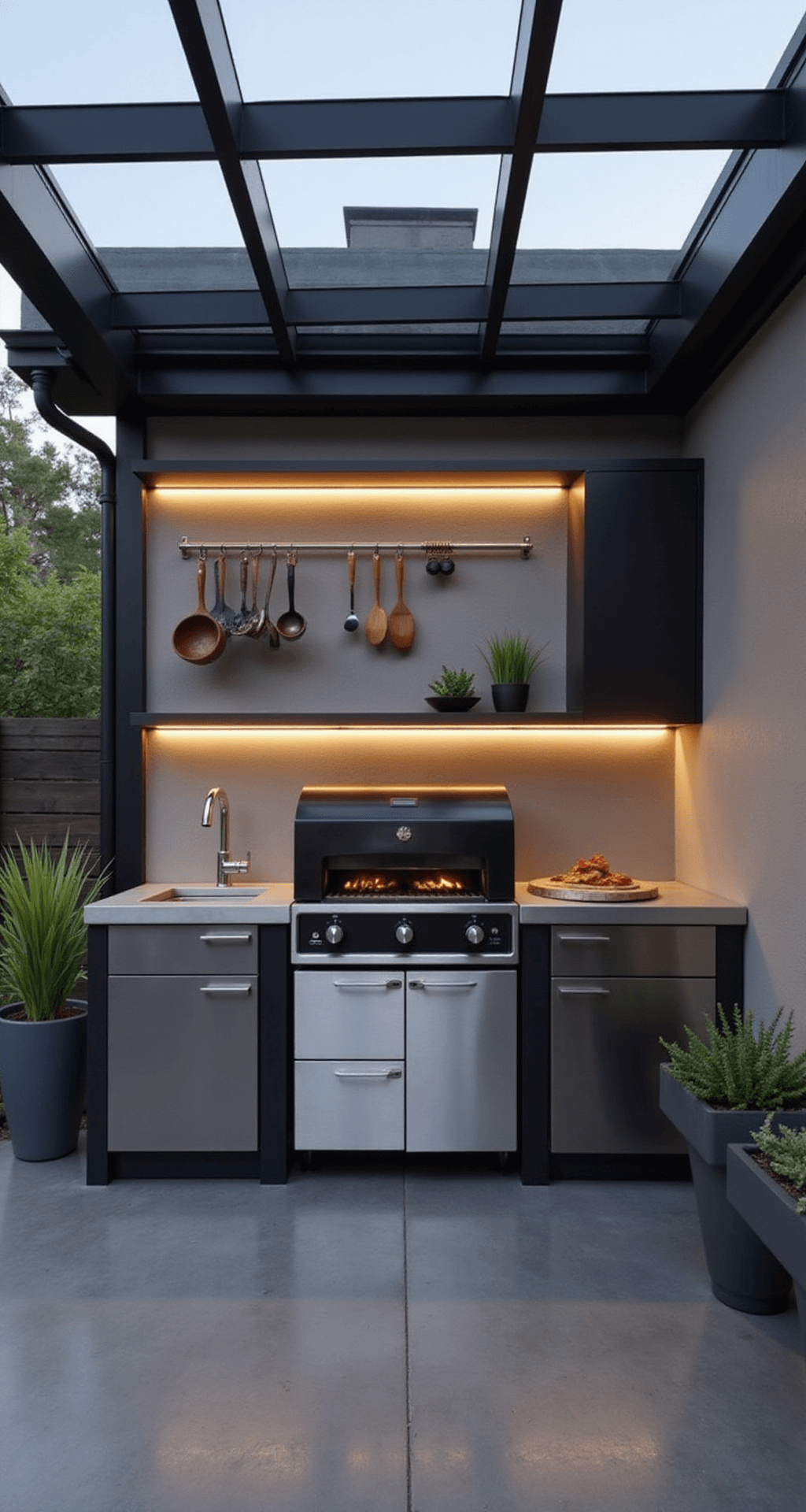 Contemporary minimal outdoor kitchen with sleek black gas pizza oven, brushed steel countertops, and dark grey concrete floors, featuring glass roof panels and linear LED lighting, organized cooking tools on a magnetic wall strip, geometric planters with succulents, and dramatic side lighting.