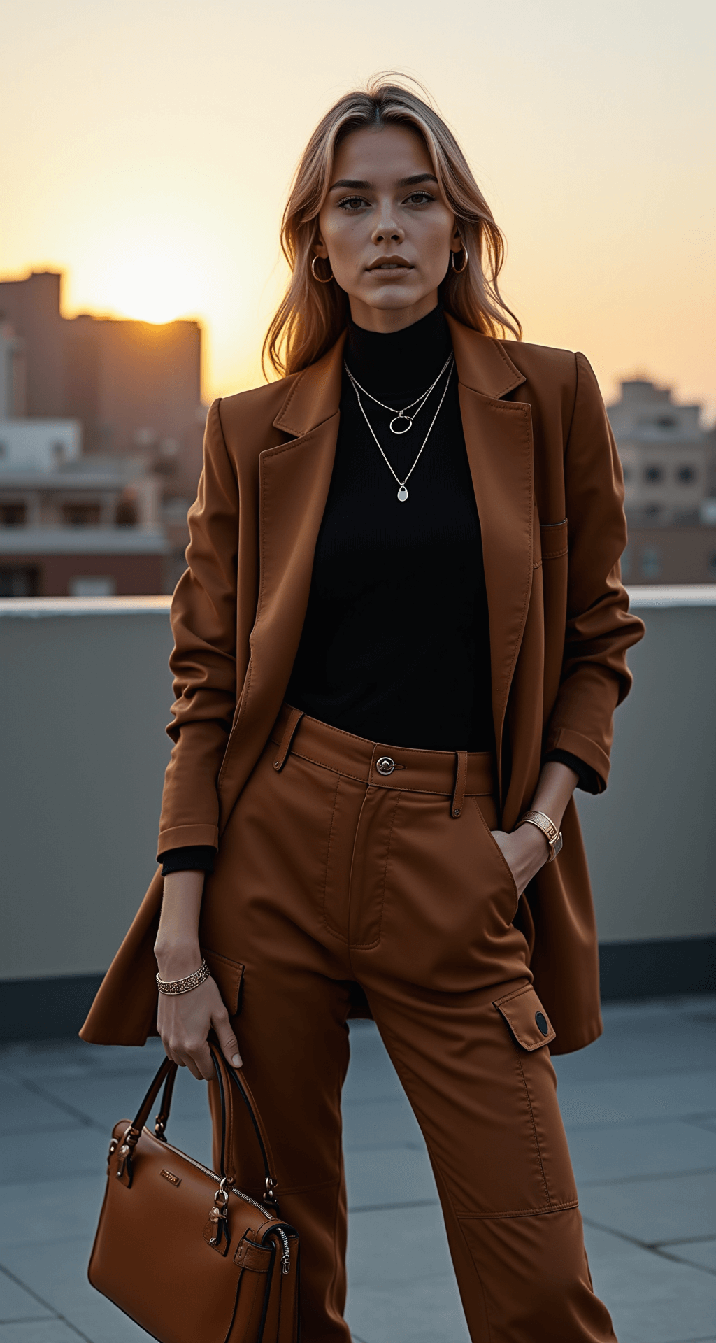 A model in brown cargo pants, a fitted black turtleneck, and a structured blazer poses on an urban rooftop at sunset, showcasing a designer handbag and gold jewelry. The cityscape backdrop features warm evening light, casting long shadows and highlighting luxe fabric textures and tailored silhouettes. The shot is taken from street level, emphasizing metropolitan sophistication.