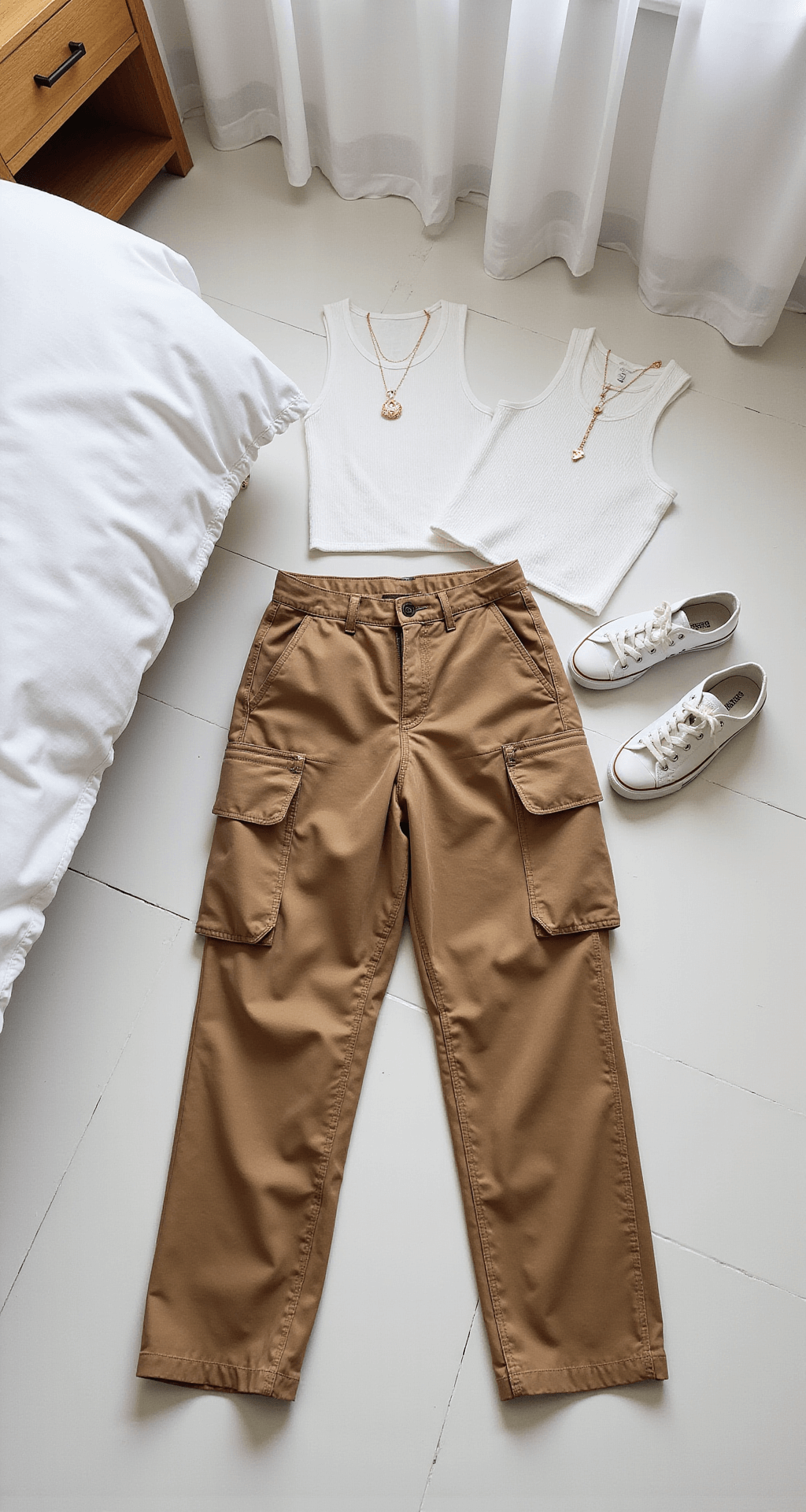 Close-up of brown cargo pants on a white ceramic floor, surrounded by cropped white tank tops, minimal gold jewelry, and canvas sneakers, illuminated by soft daylight from sheer curtains in a bright, airy bedroom.