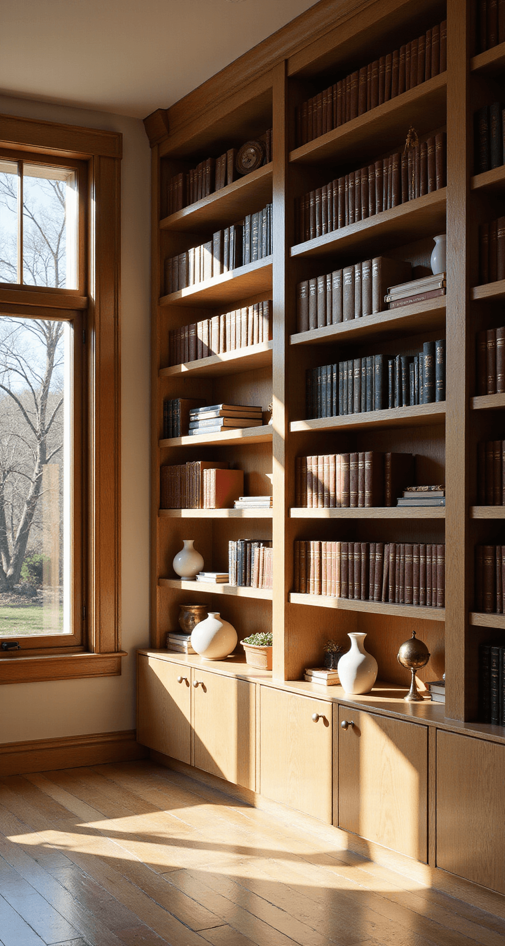 A modern study with a floor-to-ceiling white oak bookcase filled with leather-bound books, brass objects, and potted succulents, illuminated by late afternoon sunlight filtering through tall windows, creating a scholarly yet serene atmosphere.