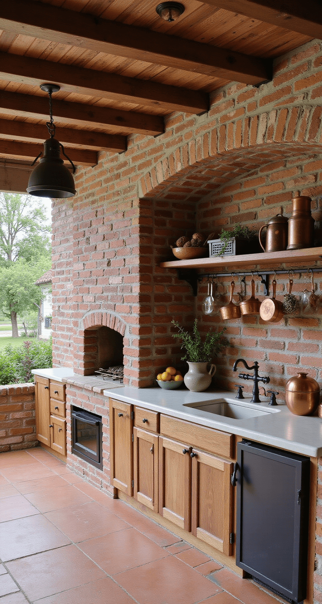 A rustic farmhouse outdoor kitchen featuring a traditional brick pizza oven, reclaimed timber ceiling, distressed wooden cabinetry, and soapstone counters, with copper cooking accessories on open shelving, dried herbs hanging above, vintage-style pendant lights, and warm terracotta flooring, captured from an elevated position in natural daylight.