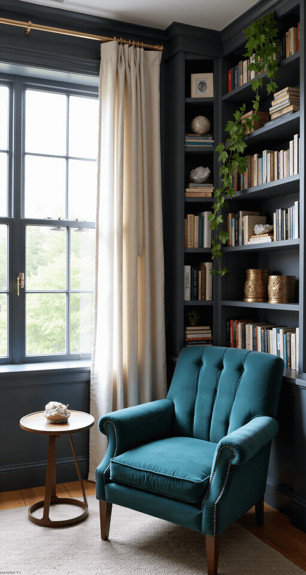 A cozy reading nook featuring a charcoal grey built-in bookcase around a bay window, illuminated by soft early morning light. The shelves are filled with color-blocked books in muted blues and greens, accented by vintage brass bookends and crystal geodes. A plush deep teal velvet chair anchors the space, while trailing ivy adds a touch of nature. The low-angle view enhances the nook's height and warmth.